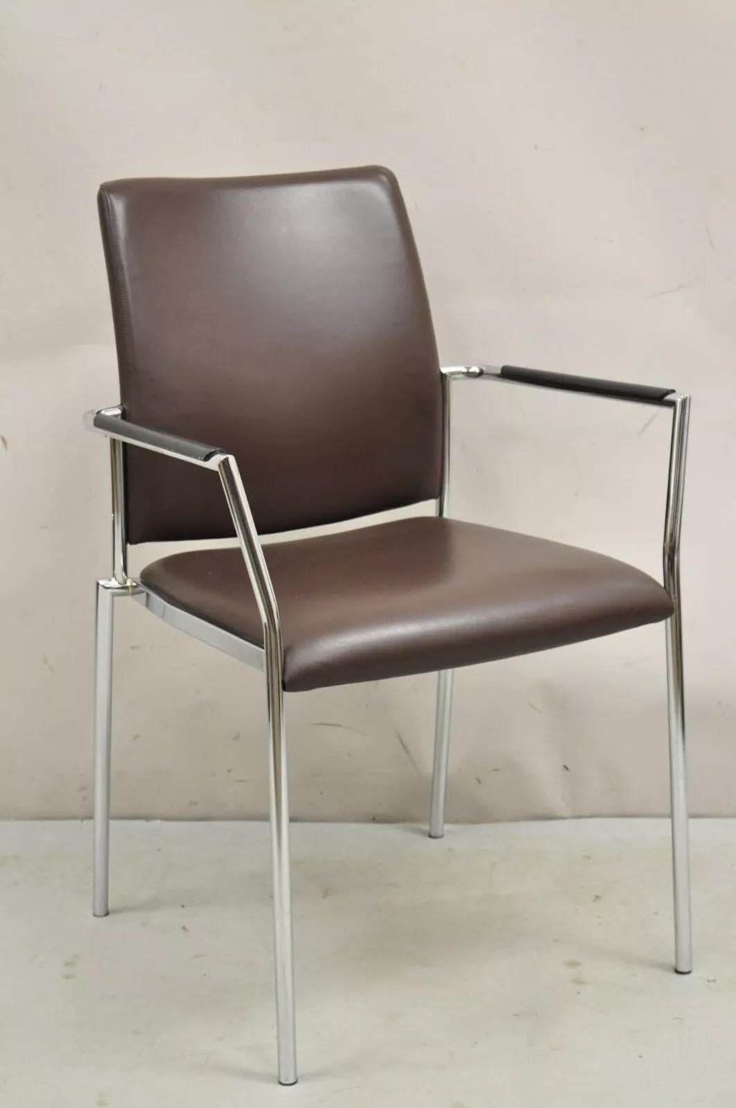 Mid-Century Modern Vintage Tayco Canada Chrome and Chocolate Brown Vinyl Arm Chairs - Set of 4 For Sale