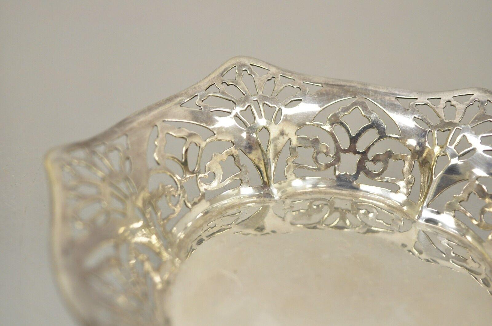 Victorian Vintage TBB England Silver Plate Epns Small Floral Pierced Trinket Dish Bowl For Sale