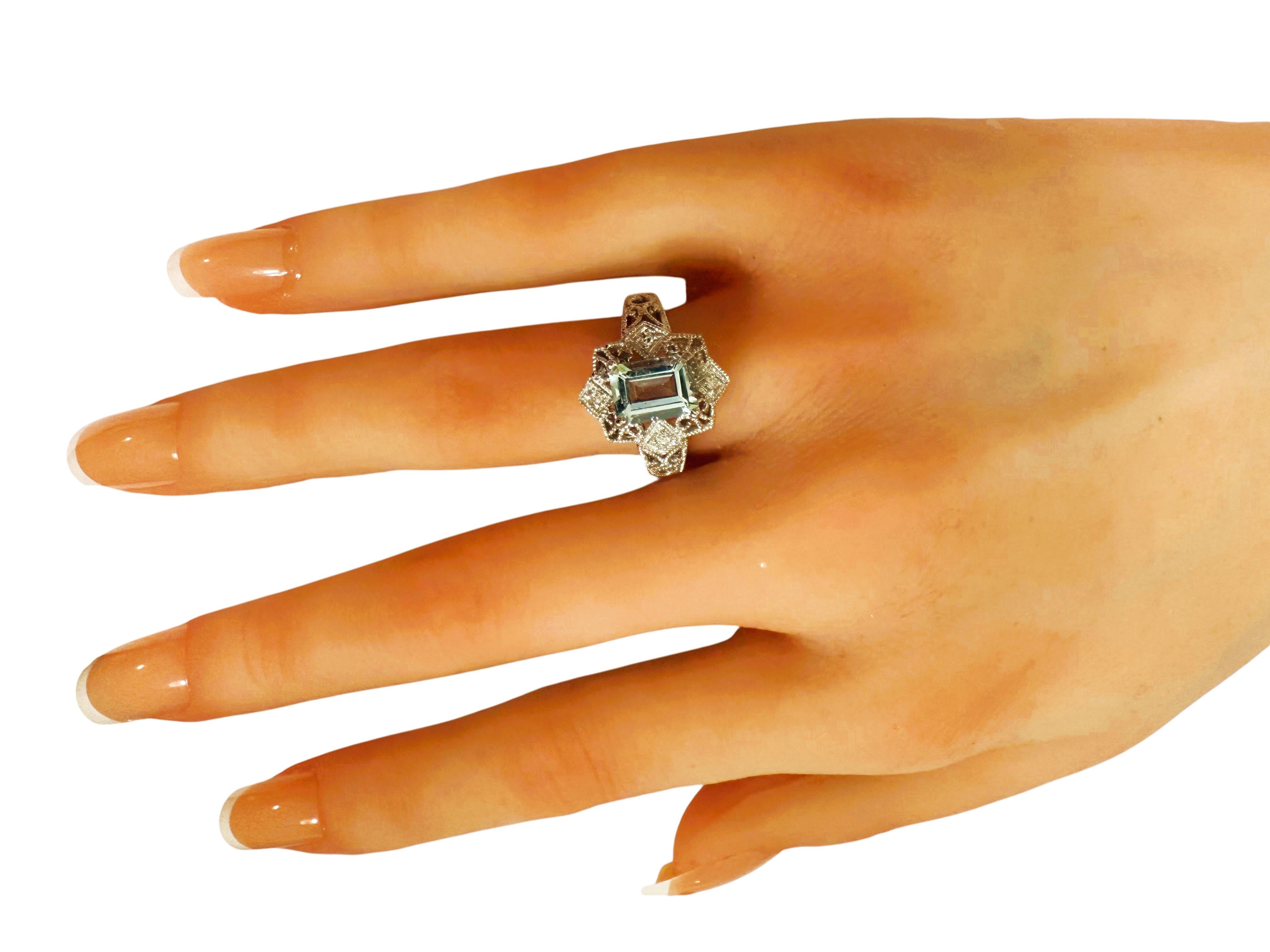 Vintage T&C 1.74 Carat 14K White Gold Aquamarine & Diamond Filigree Ring For Sale 4