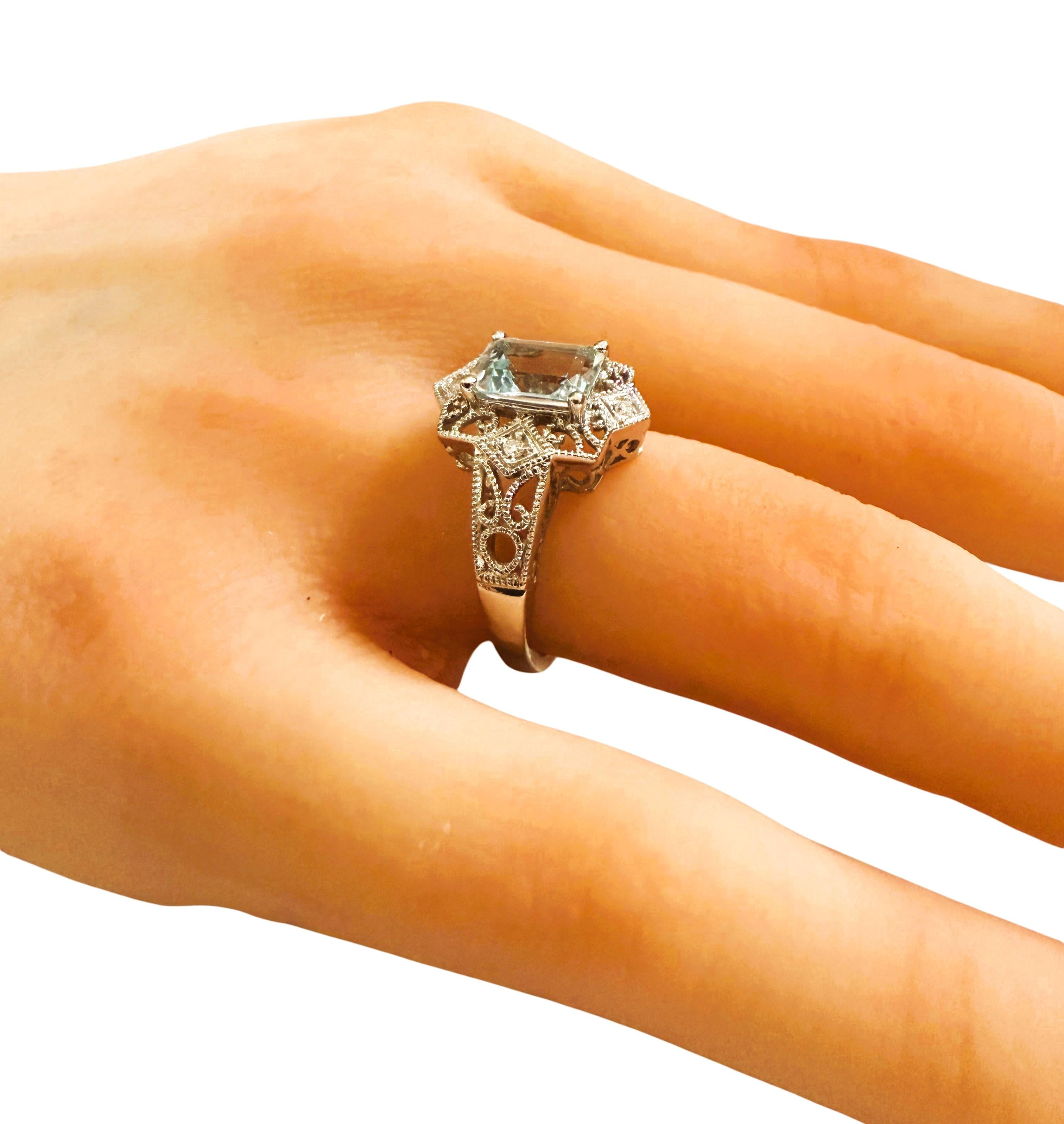 Oval Cut Vintage T&C 1.74 Carat 14K White Gold Aquamarine & Diamond Filigree Ring For Sale