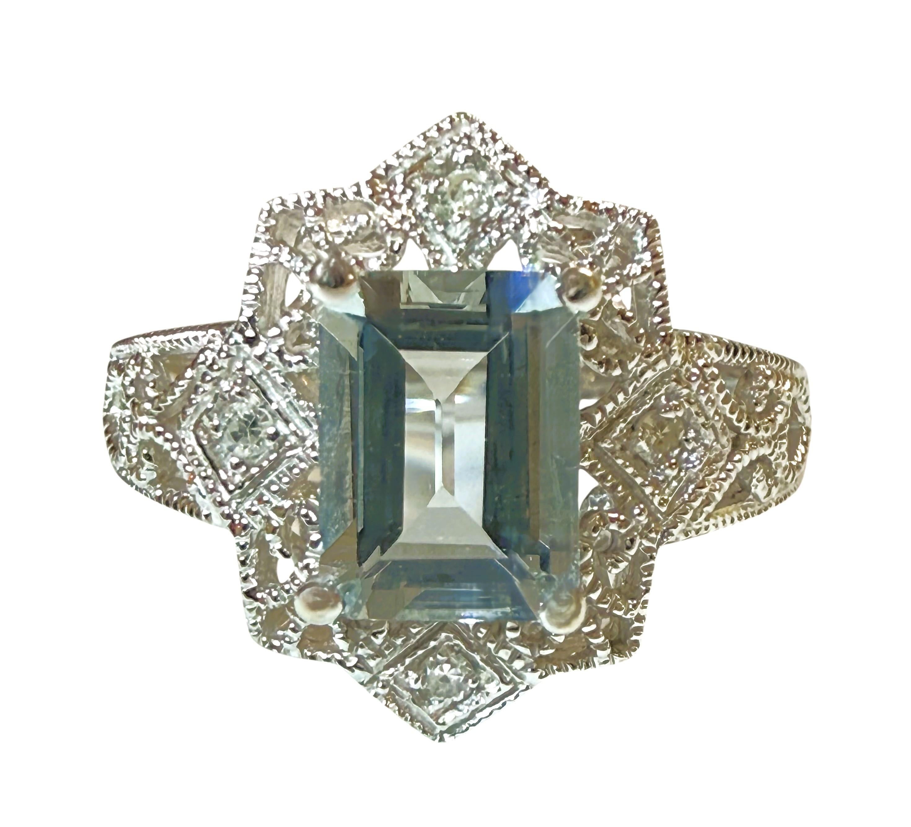 Vintage T&C 1.74 Carat 14K White Gold Aquamarine & Diamond Filigree Ring For Sale 1