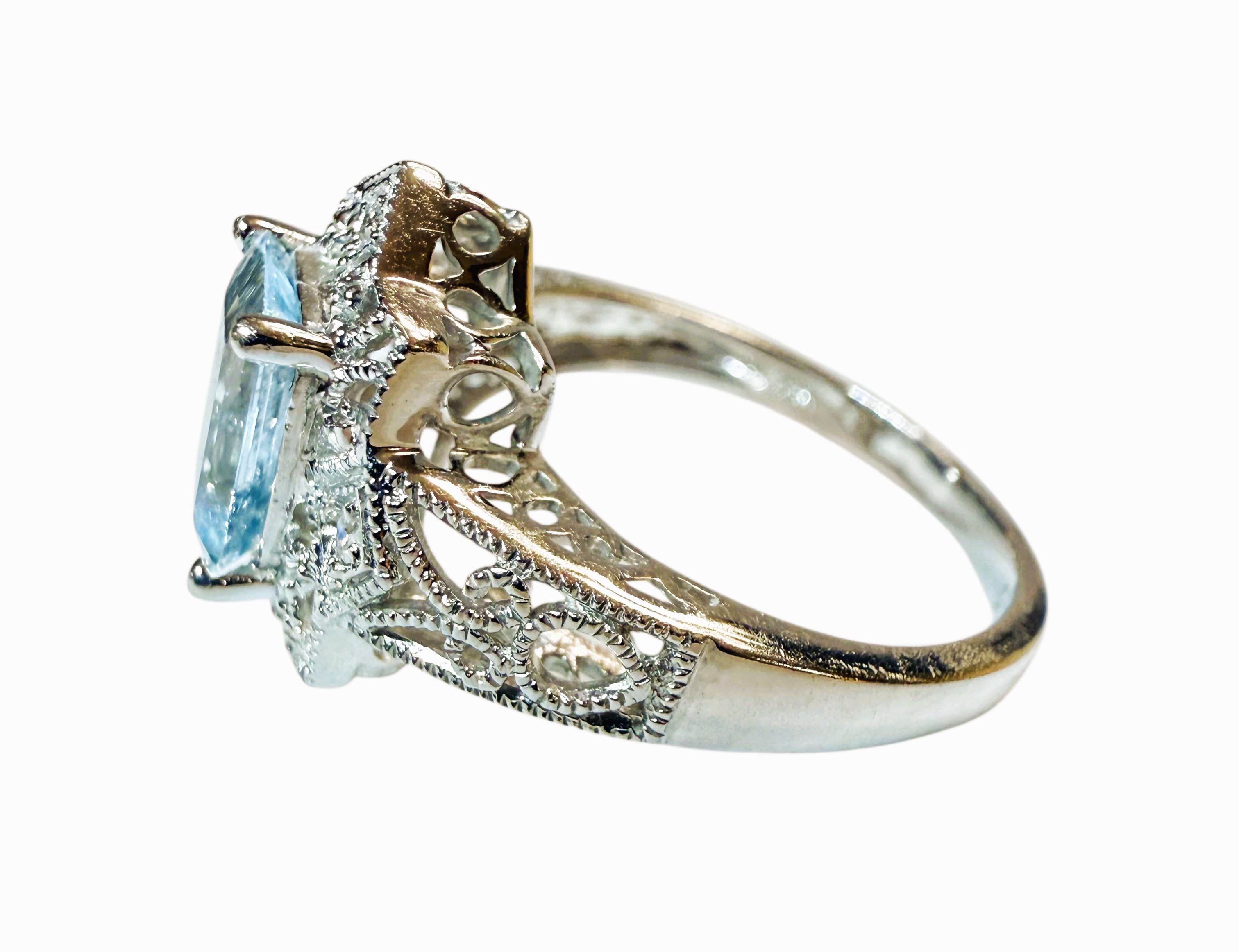 Vintage T&C 1.74 Carat 14K White Gold Aquamarine & Diamond Filigree Ring For Sale 2