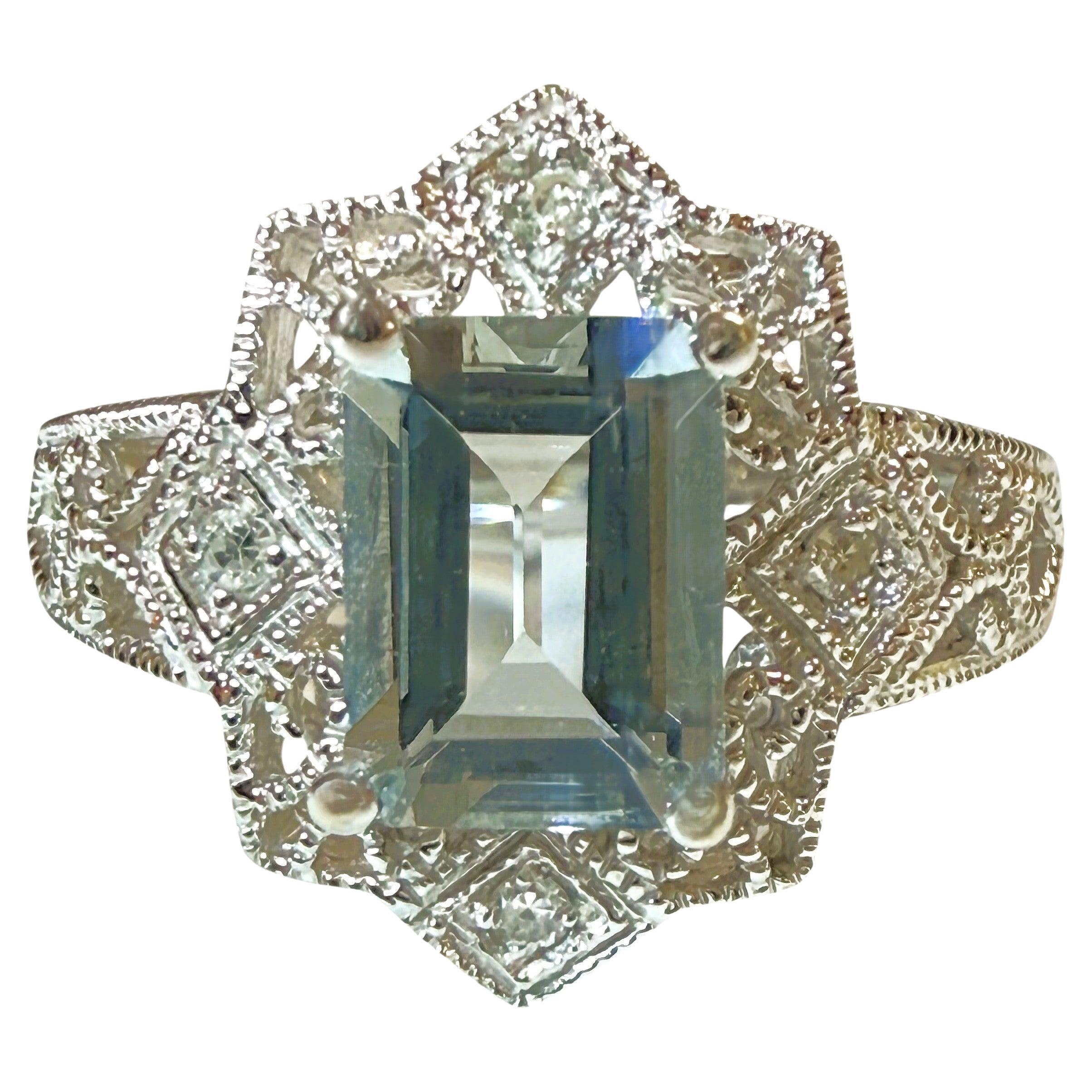Vintage T&C 1.74 Carat 14K White Gold Aquamarine & Diamond Filigree Ring For Sale