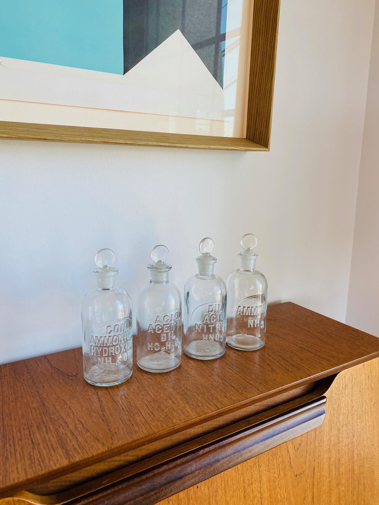 American Craftsman A.I.C. vintage Wheaton Co Glass Embossed Apothecary Bottles Set of 4 (Bouteilles d'apothicaire en verre gaufré) en vente