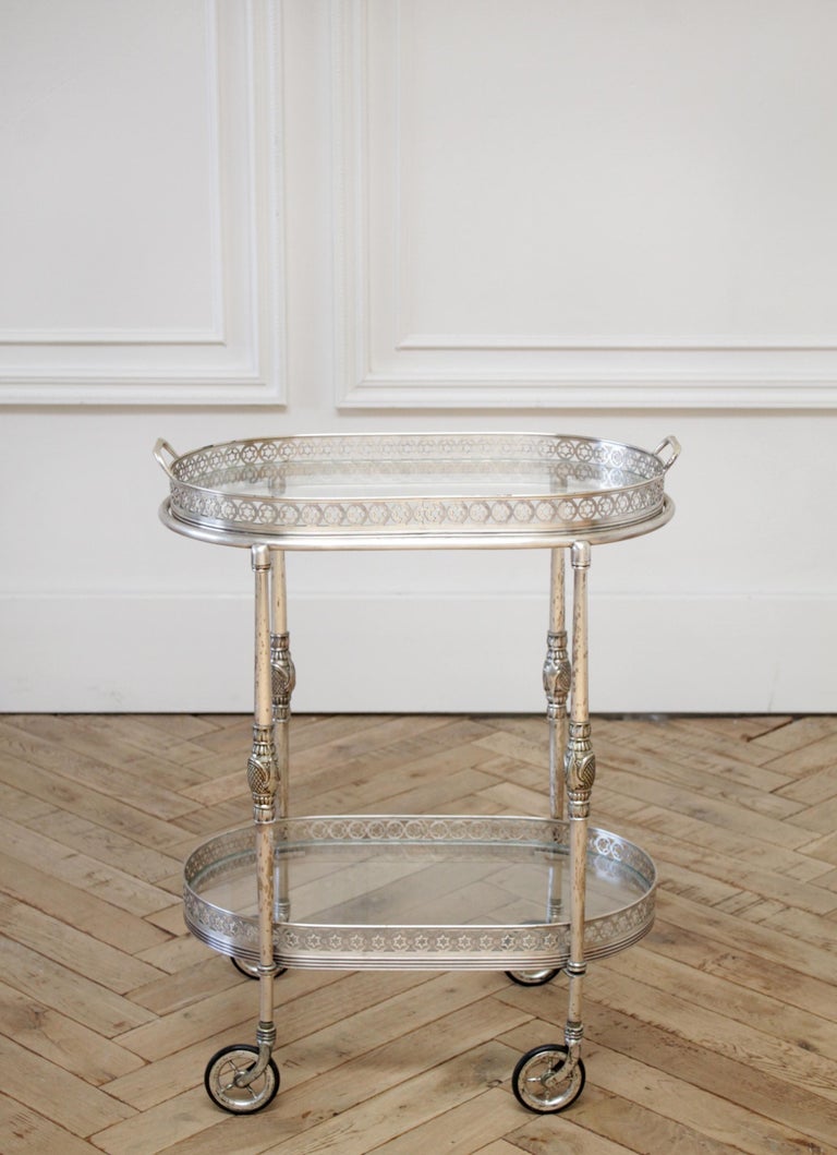 Vintage Tea Cart Bar Cart Serving Tray in Silver Finish at 1stDibs