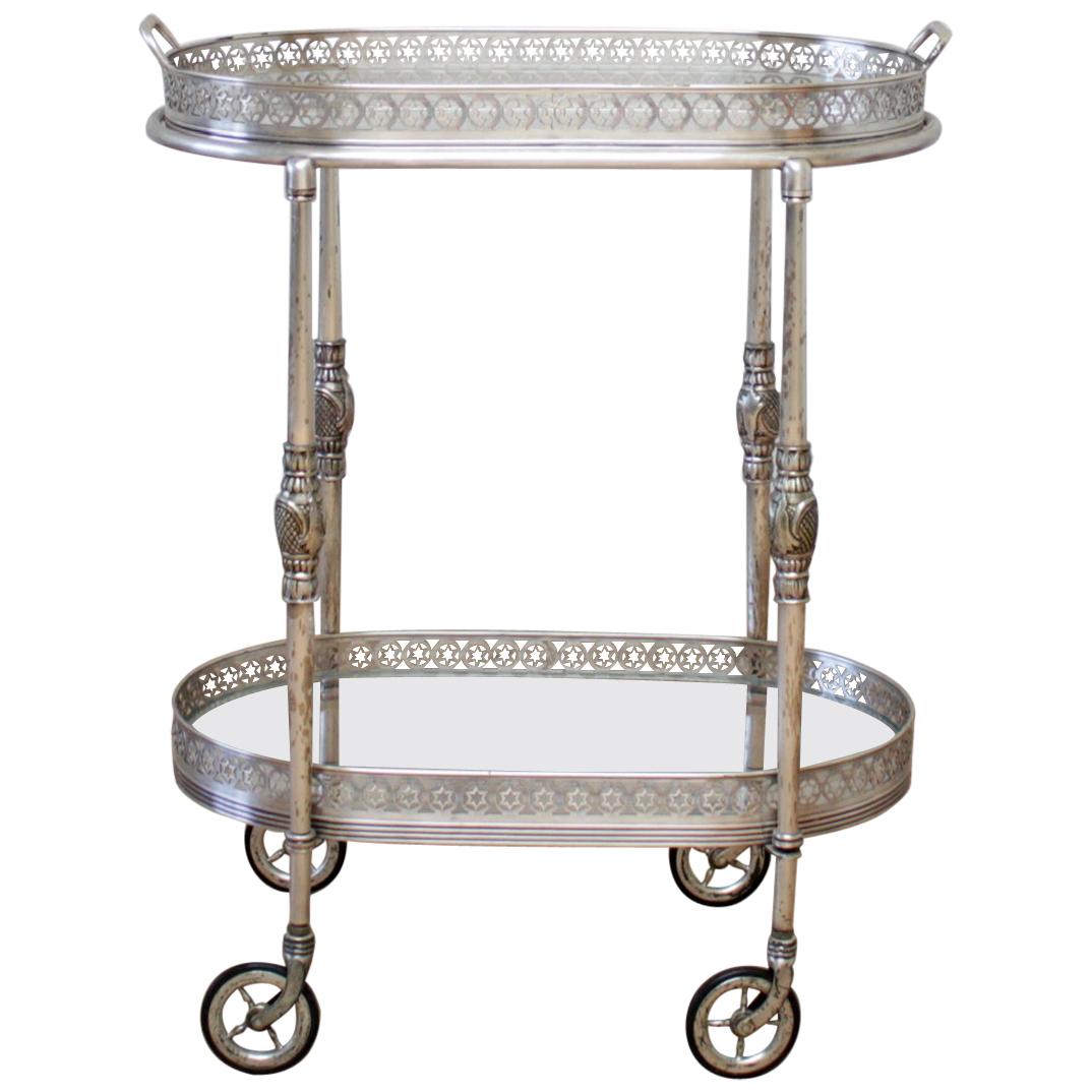 Vintage Tea Cart Bar Cart Serving Tray in Silver Finish