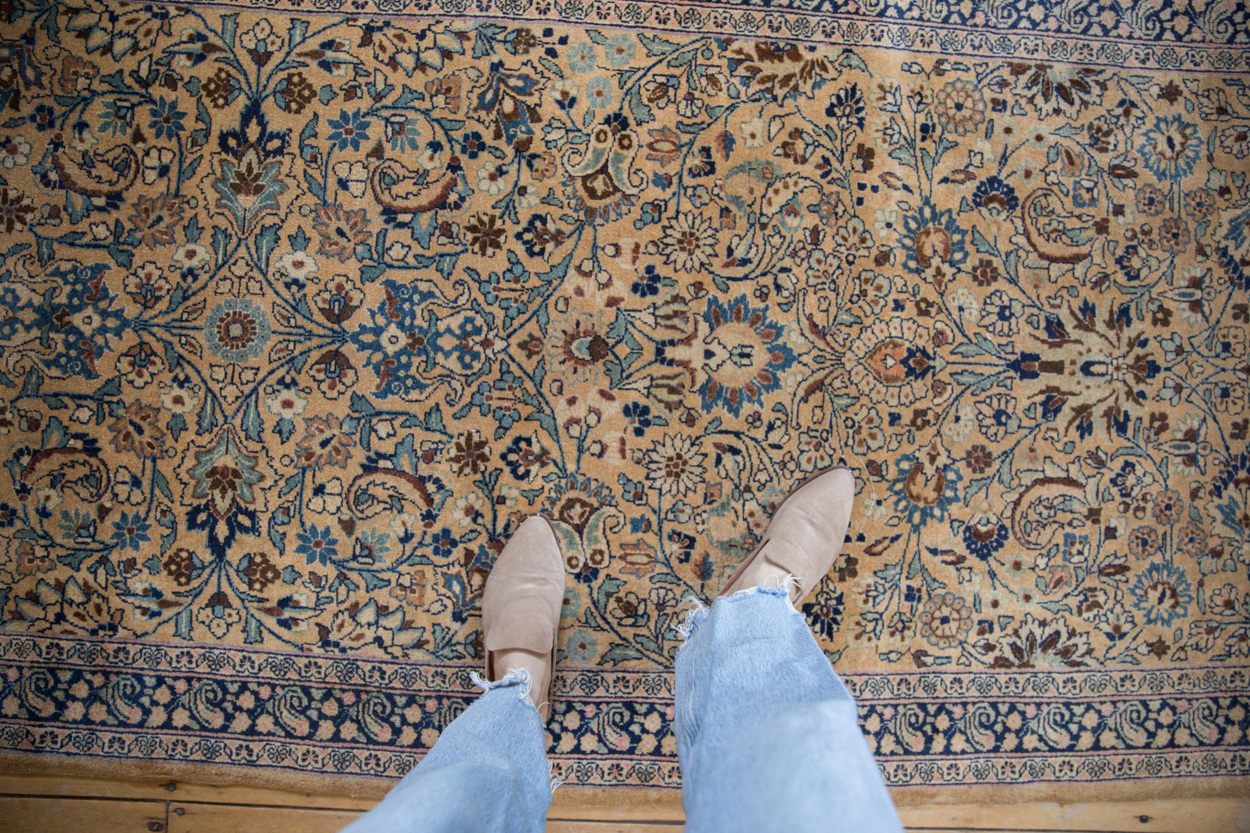 :: Unusual size and proportion with an allover covered field of palmettes, blossoms, paisley botehs, scrolled leaves with serrated contour, and vines interconnected throughout. Colors and shades include: Camel, wheat, chocolate brown, antique ivory,