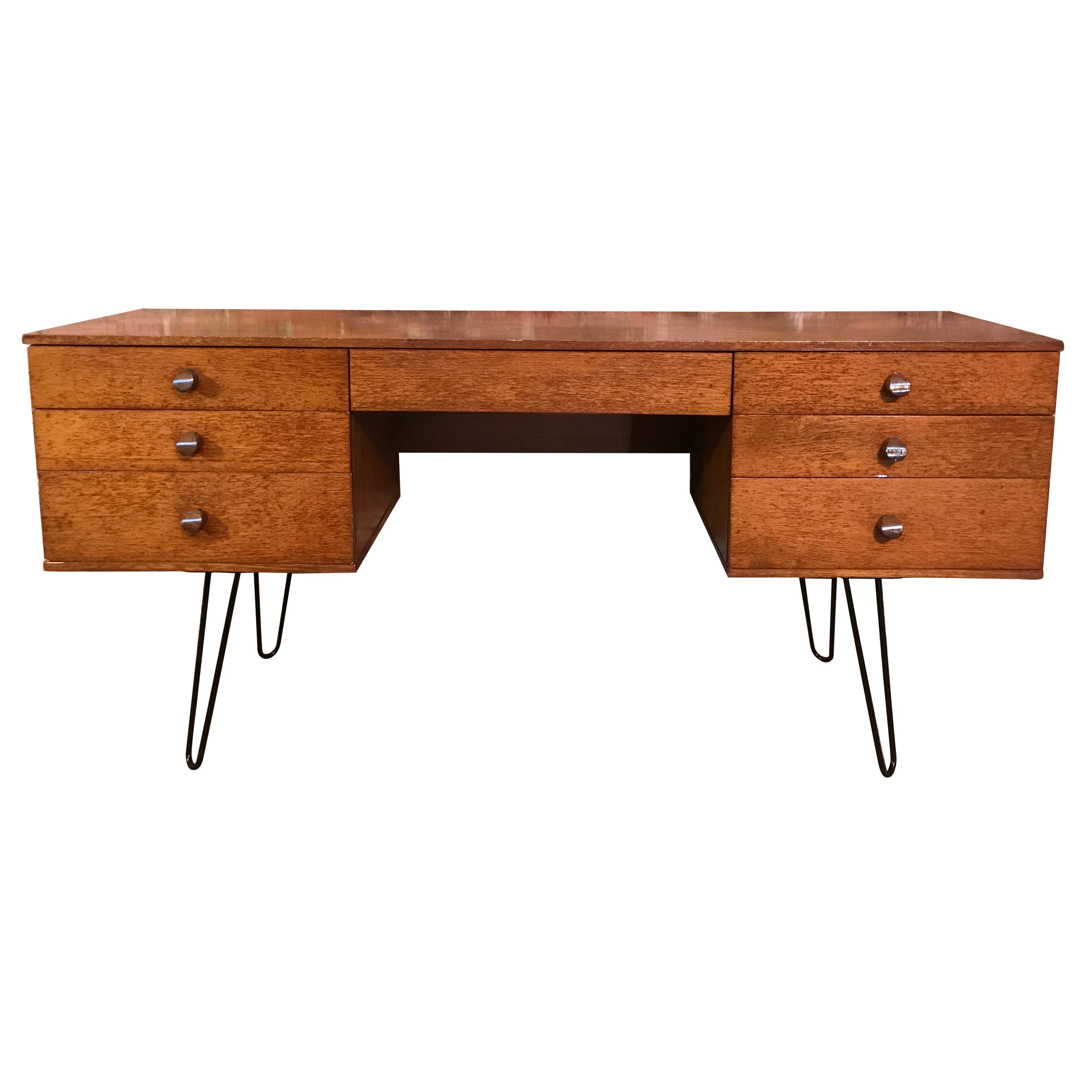 Vintage teak 1960 llarge Desk on solid metal hairpin metal legs