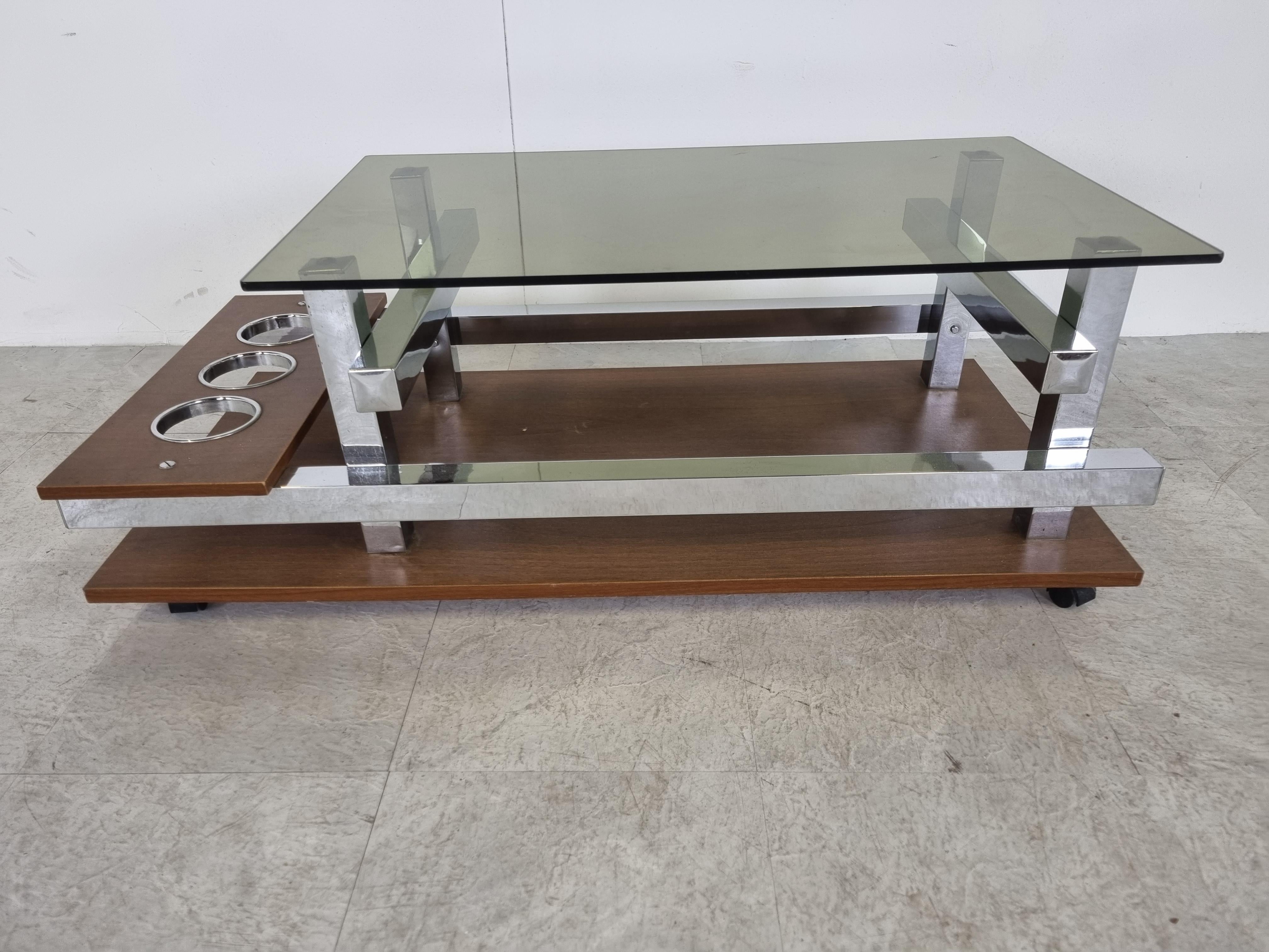 Belgian Vintage Teak and Chrome Bar Coffee Table, 1960s For Sale