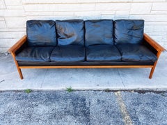 Vintage Teak and Leather 4-Seat Sofa by Knut Saeter for Vatne Mobler circa 1960s