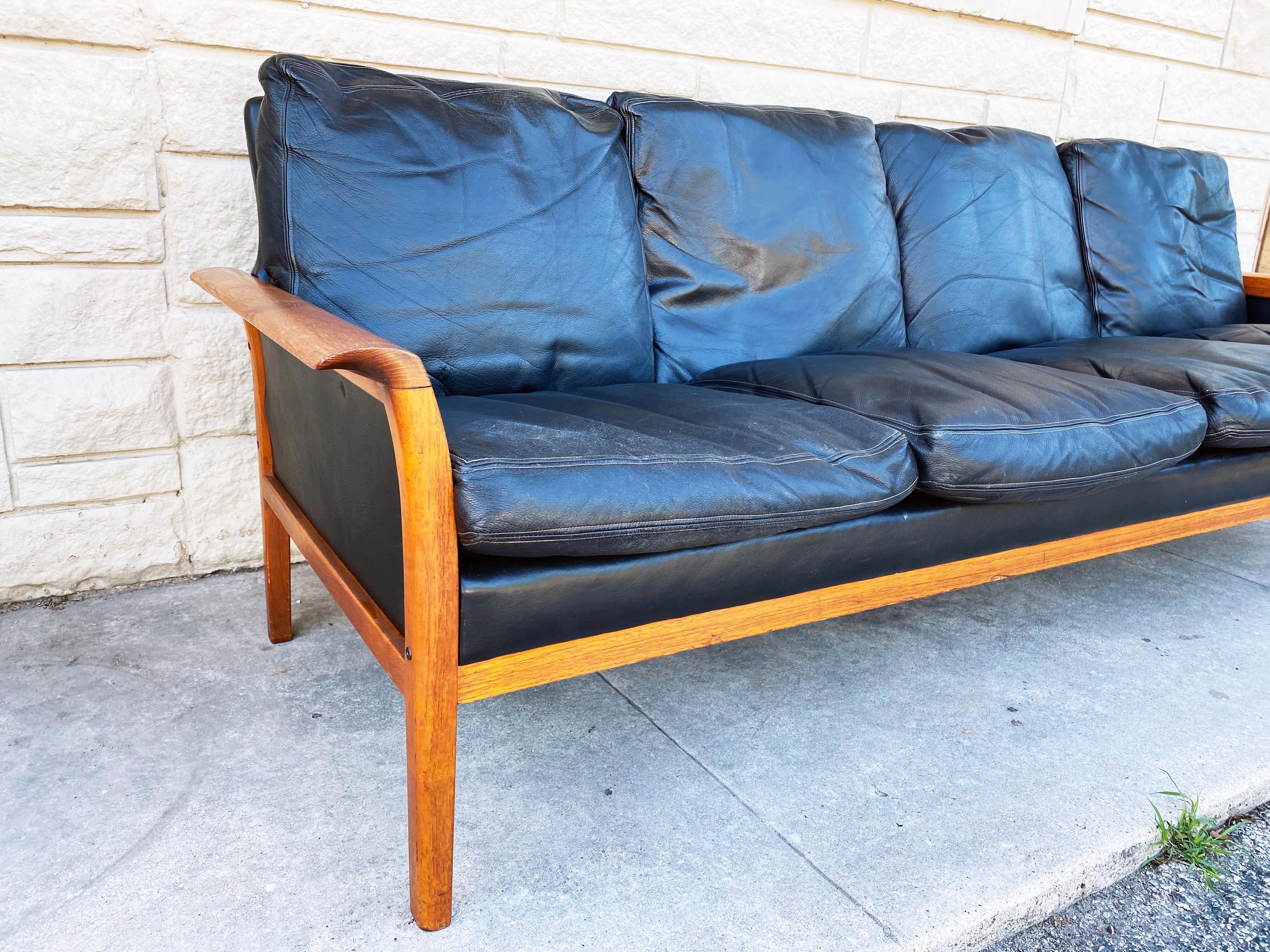 Scandinavian Modern Vintage Teak and Leather 4-Seat Sofa by Knut Saeter for Vatne Mobler circa 1960s