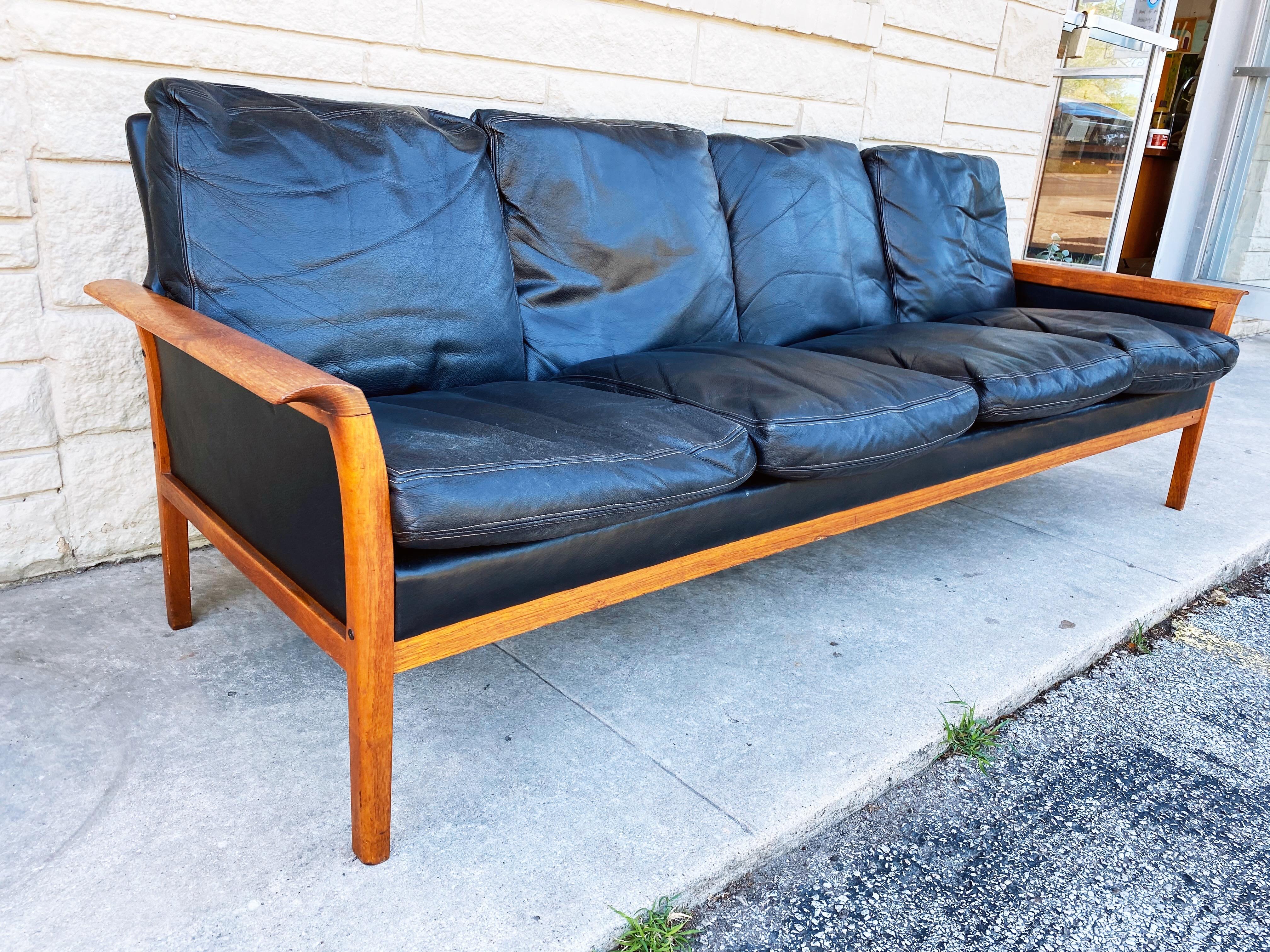 Norwegian Vintage Teak and Leather 4-Seat Sofa by Knut Saeter for Vatne Mobler circa 1960s