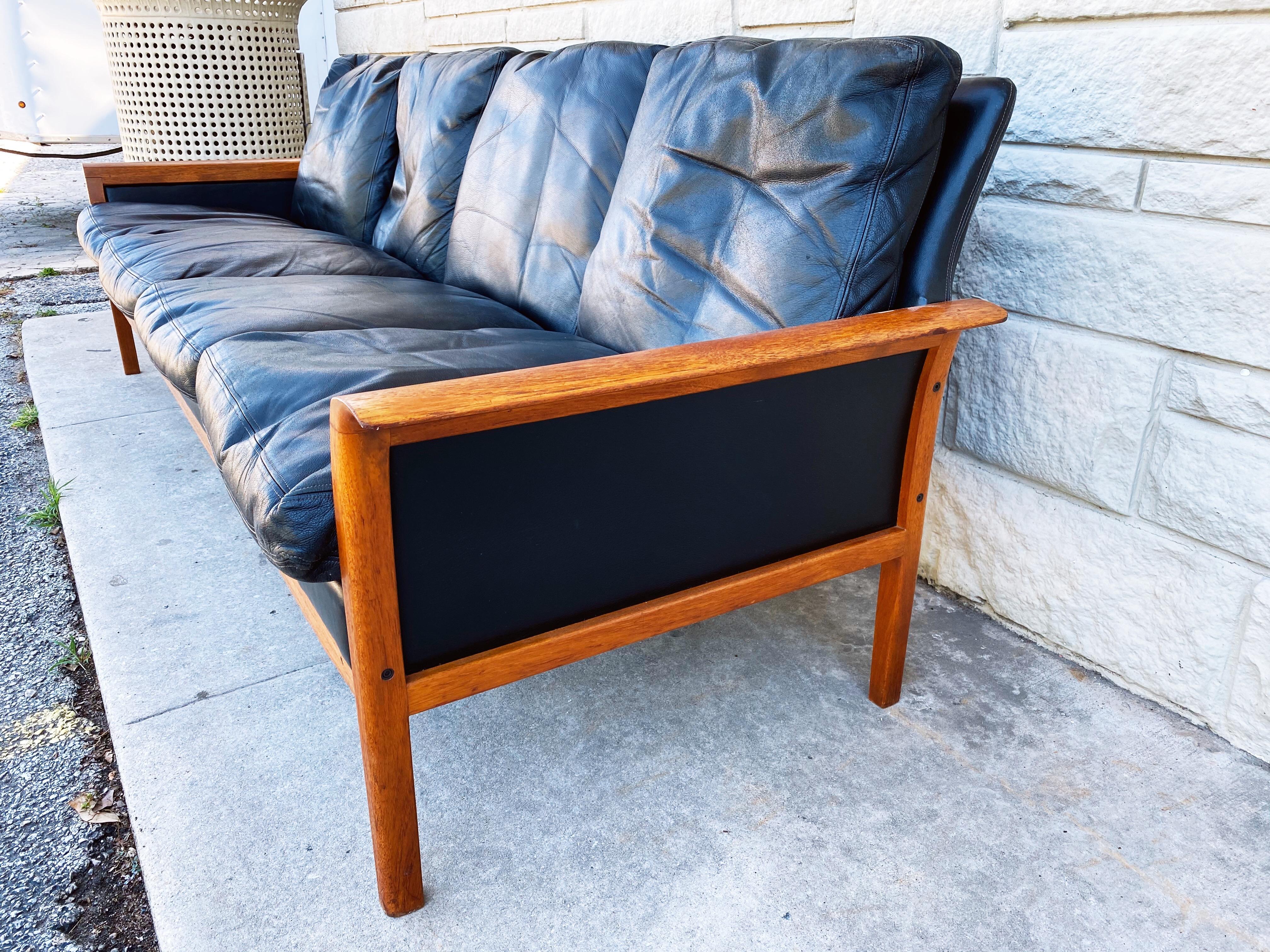 Vintage Teak and Leather 4-Seat Sofa by Knut Saeter for Vatne Mobler circa 1960s 3