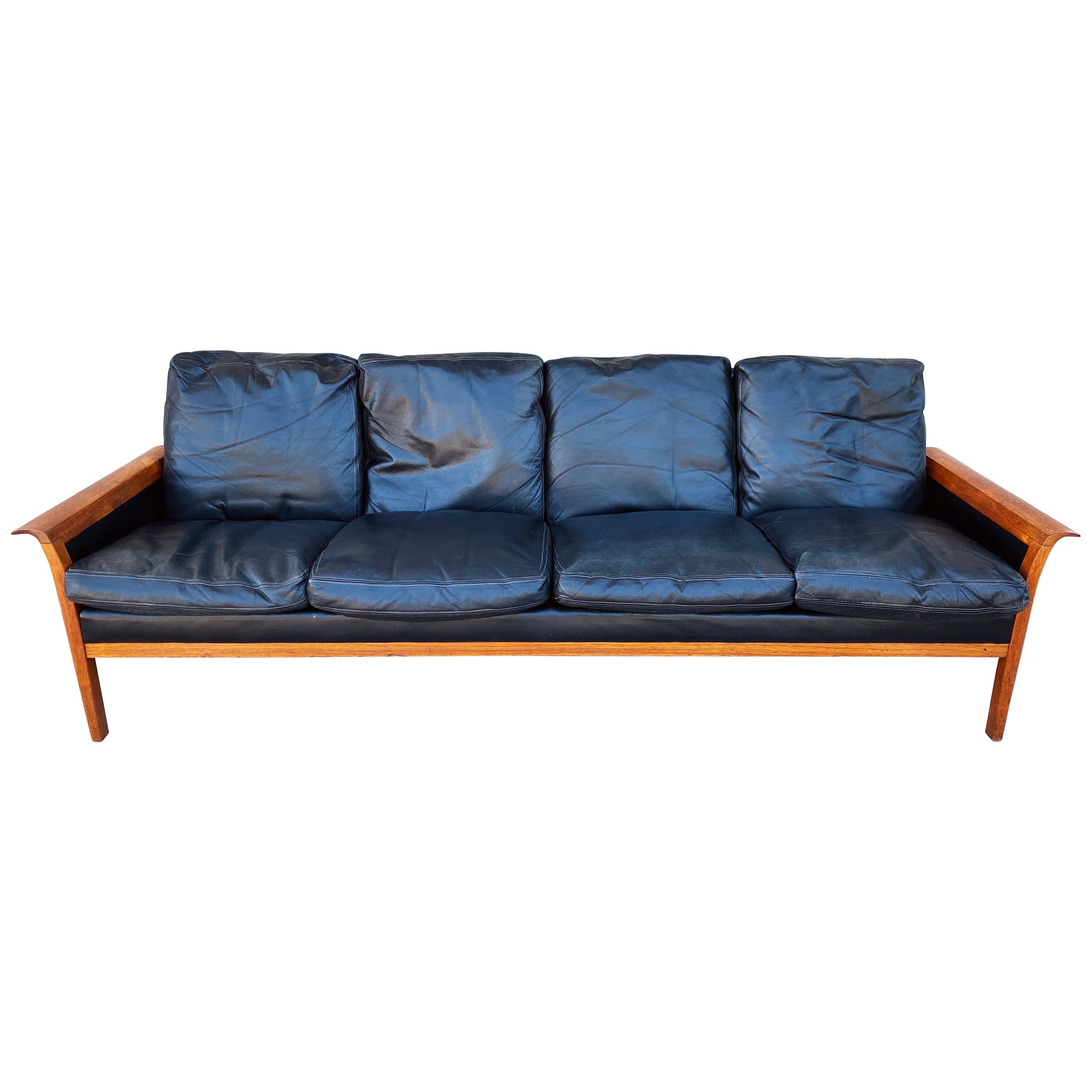 Vintage Teak and Leather 4-Seat Sofa by Knut Saeter for Vatne Mobler circa 1960s