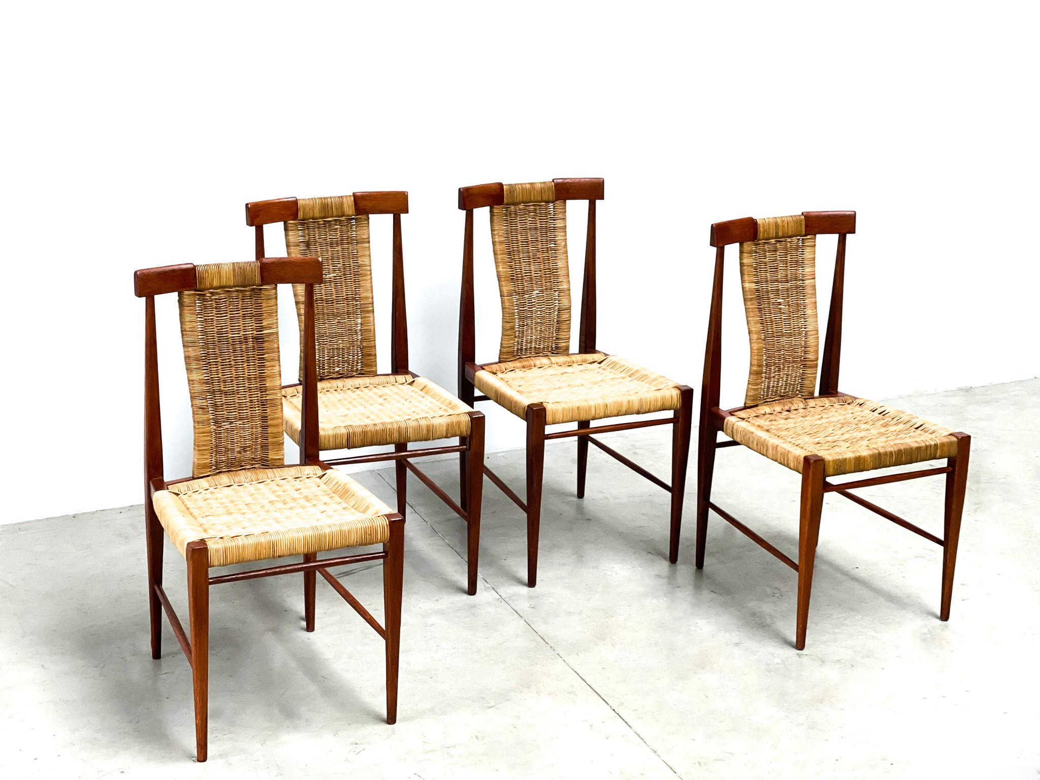 Italian Vintage Teak and Wicker Dining Chairs, 1960s For Sale