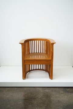 Vintage Teak Barrel Chair with Cane Seat, in the Manner of Josef Hoffmann