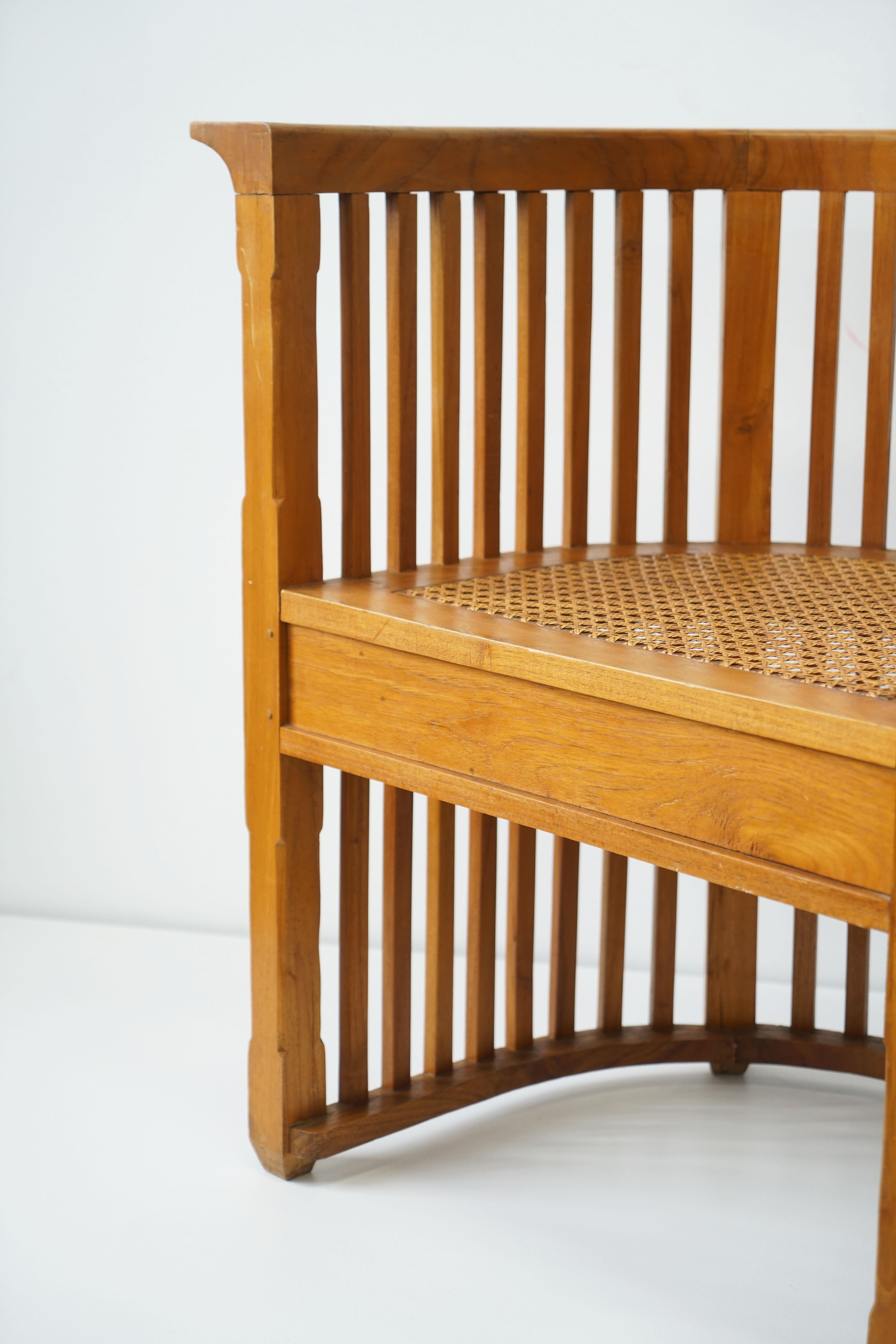 20th Century Vintage Teak Barrel Chair with Cane Seat, in the Manner of Josef Hoffmann