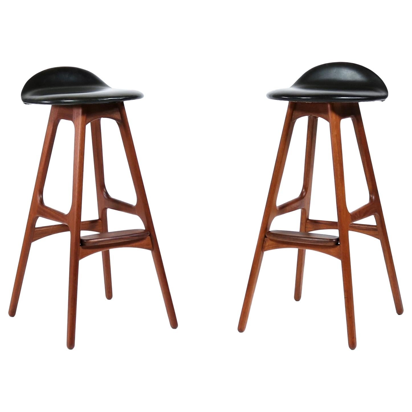 Vintage Teak & Black Leather Scandinavian Modern Bar Stools by Erik Buch, 1960s