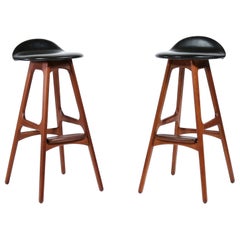 Teck vintage & Tabourets de bar modernes scandinaves en cuir noir par Erik Buch:: années 60