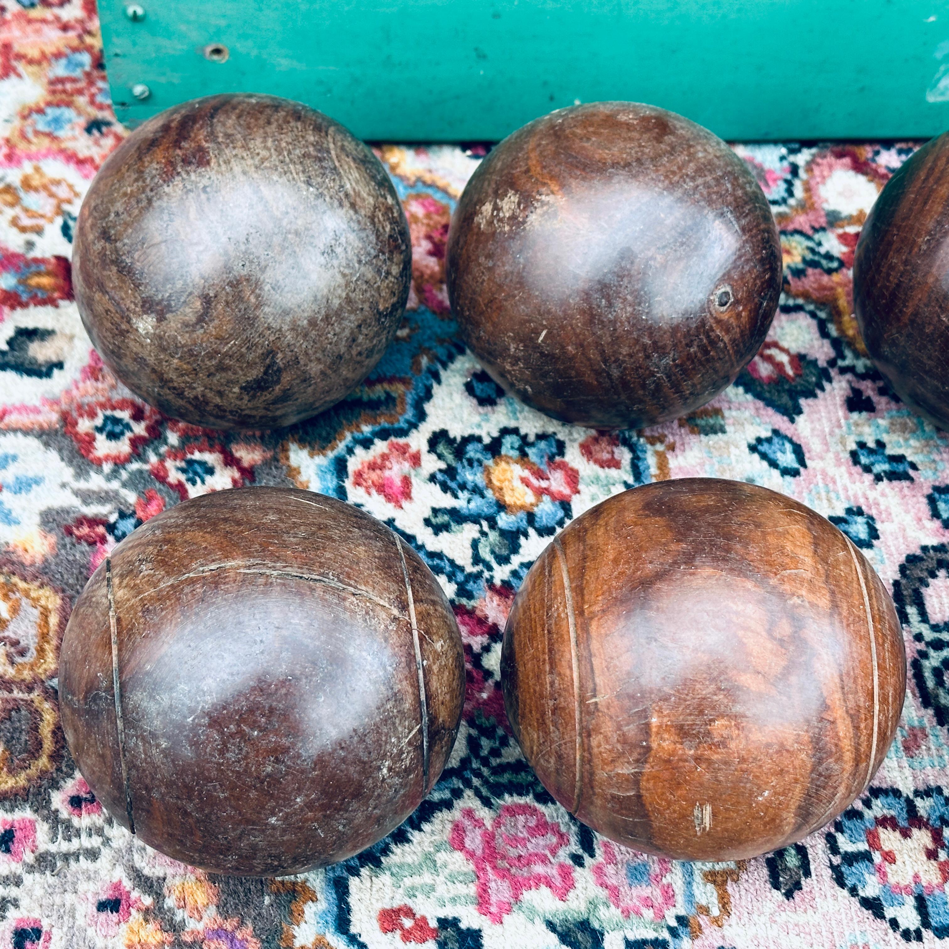 Vintage Teak Bocce Ball Set in Handmade Rustic Caddy Lawn Bowling 4