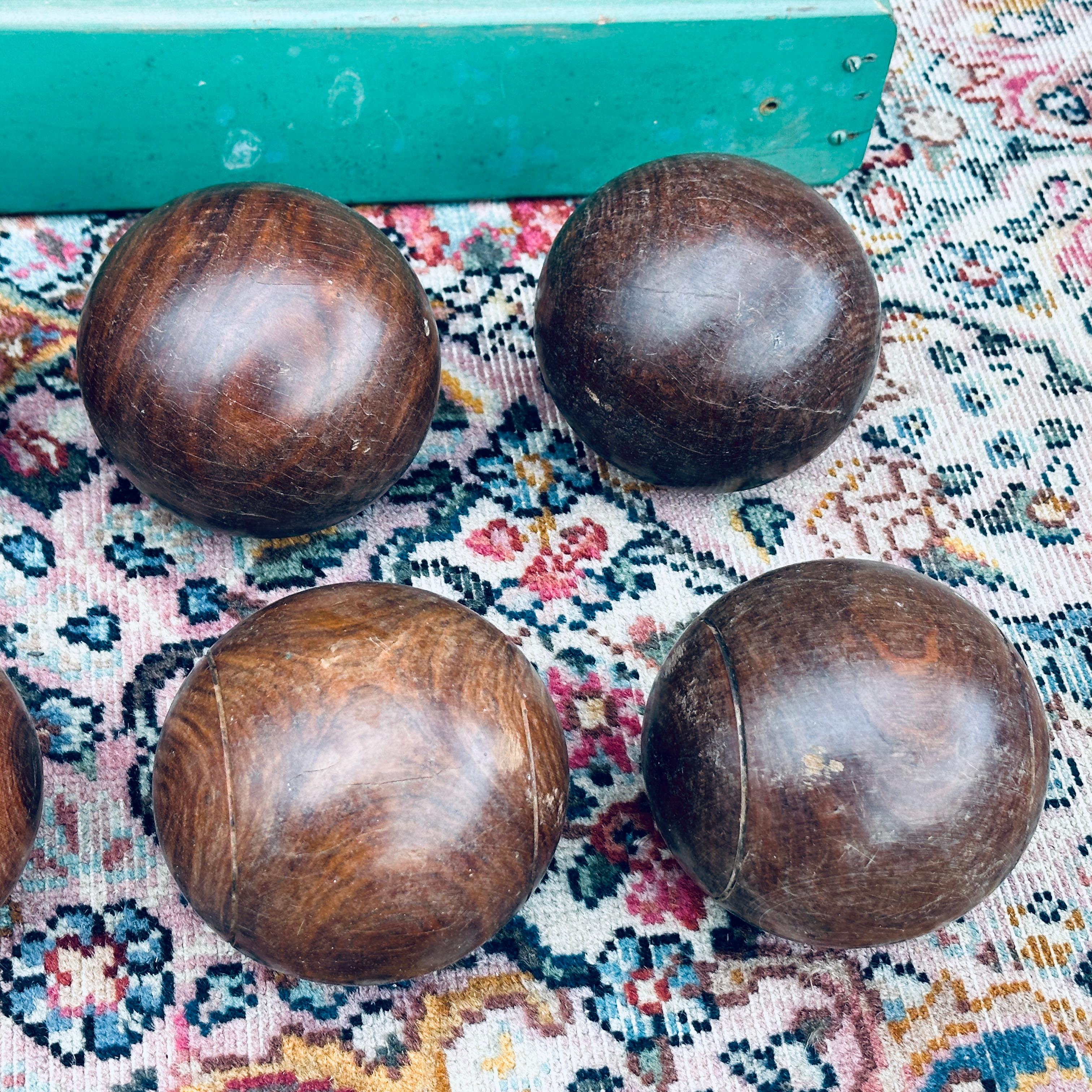 Vintage Teak Bocce Ball Set in Handmade Rustic Caddy Lawn Bowling 5