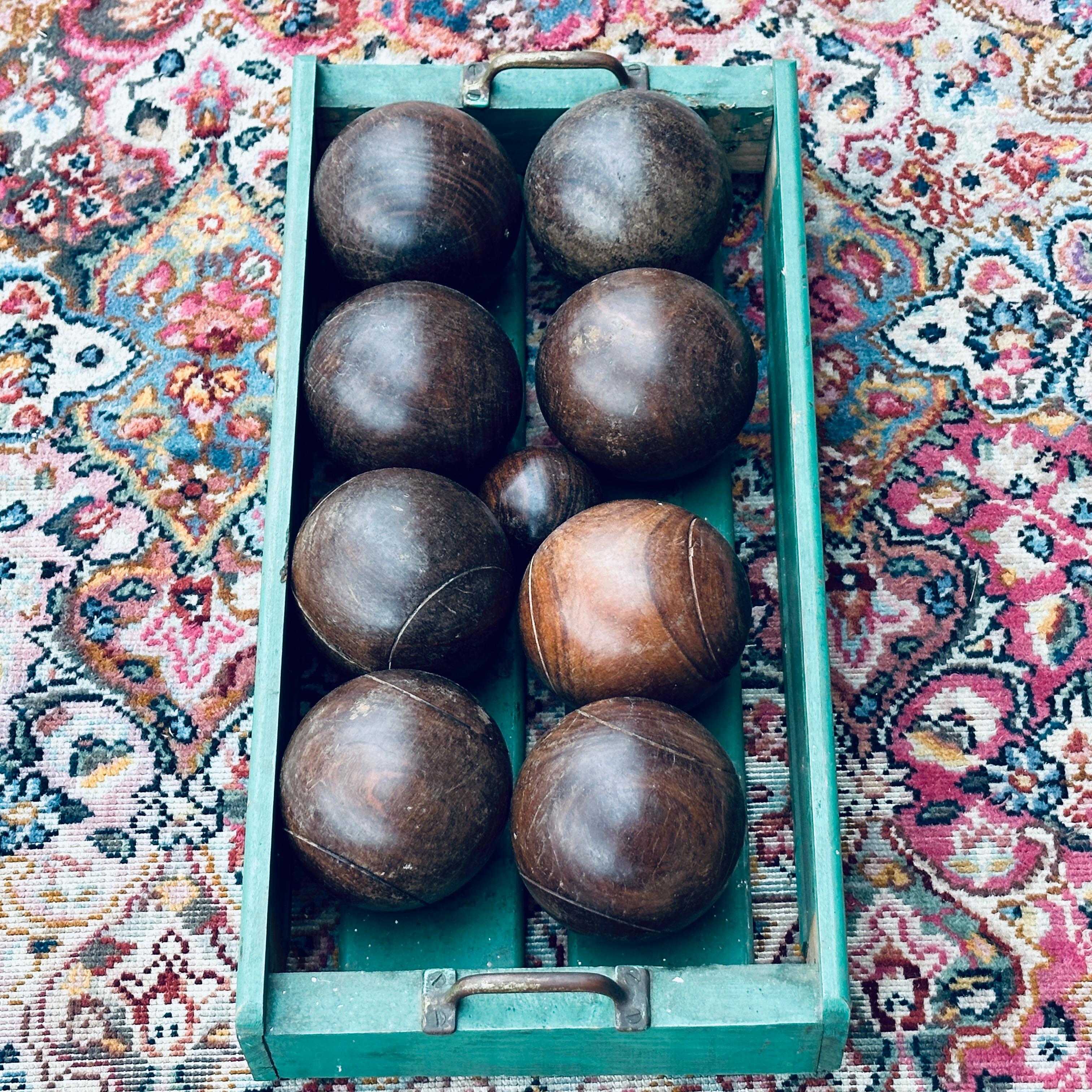 American Vintage Teak Bocce Ball Set in Handmade Rustic Caddy Lawn Bowling
