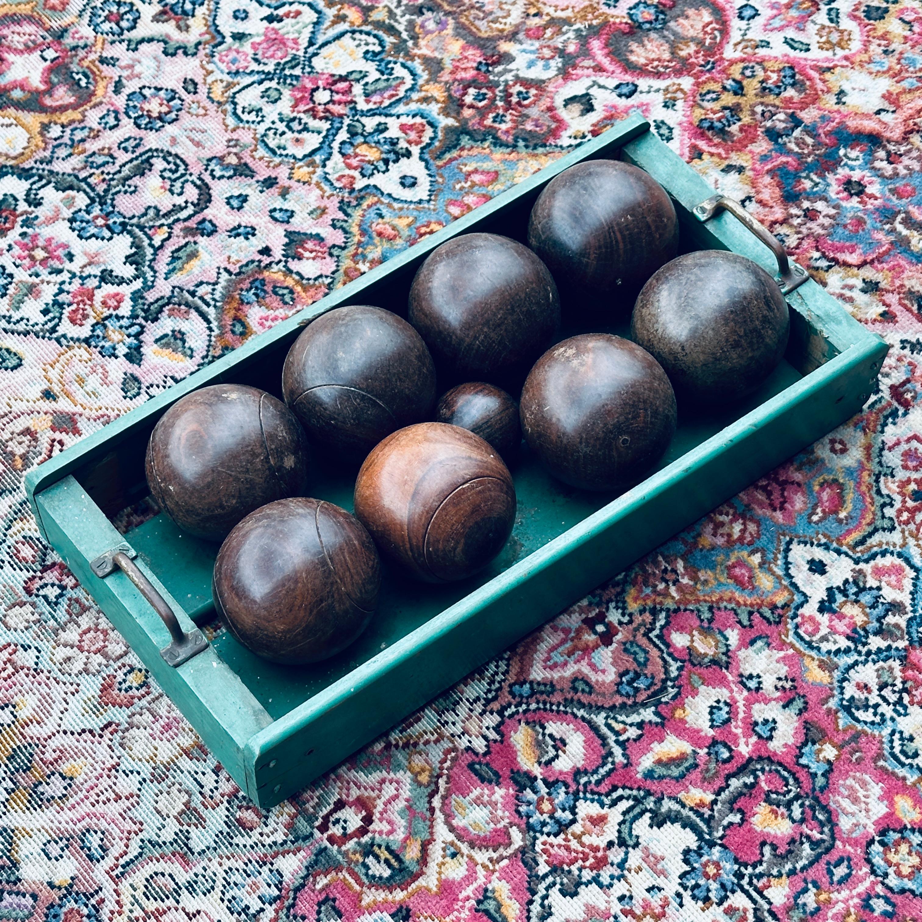 Vintage Teak Bocce Ball Set in Handmade Rustic Caddy Lawn Bowling In Fair Condition In West Chester, PA