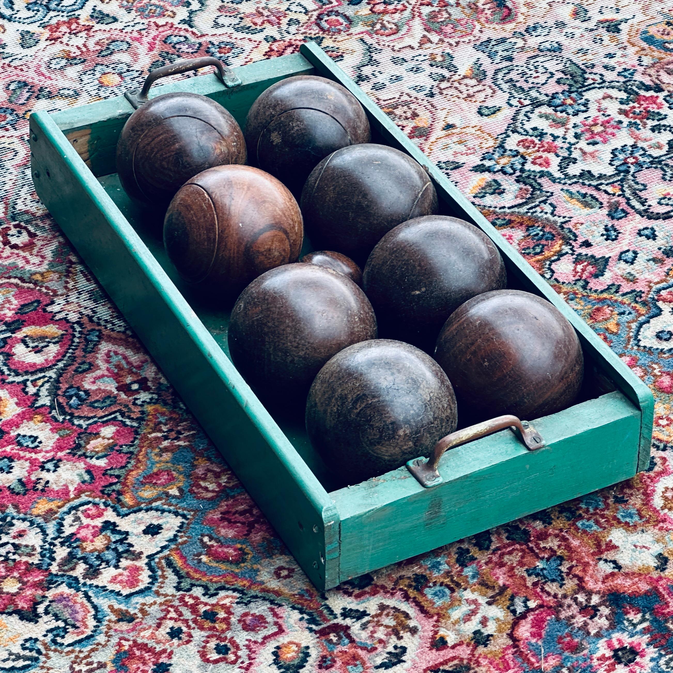 20th Century Vintage Teak Bocce Ball Set in Handmade Rustic Caddy Lawn Bowling