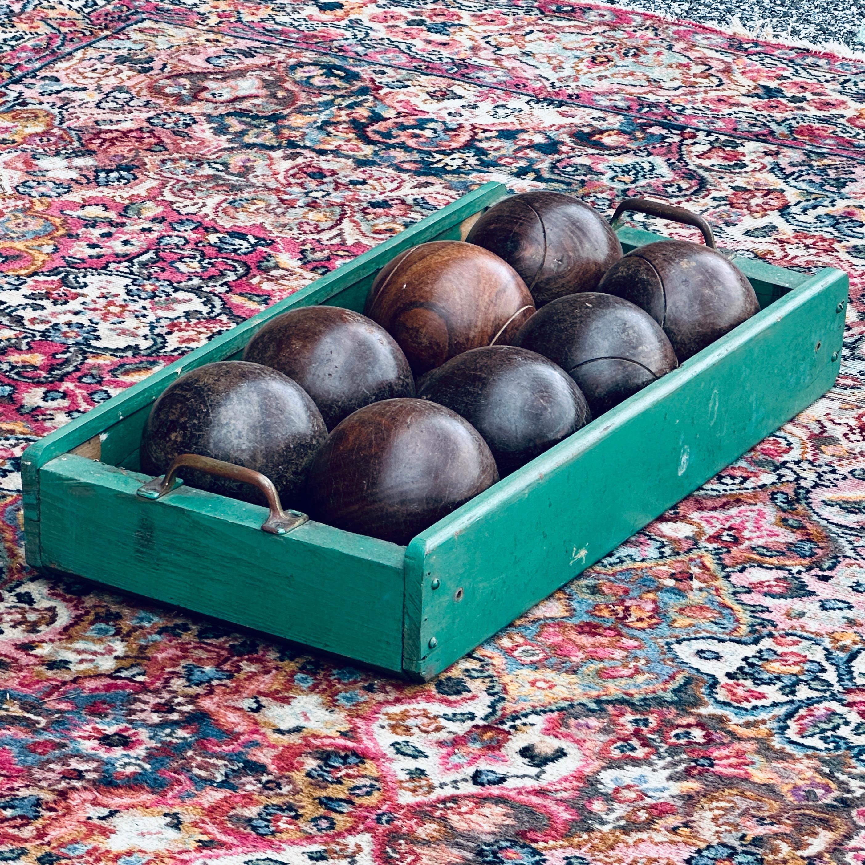 Wood Vintage Teak Bocce Ball Set in Handmade Rustic Caddy Lawn Bowling