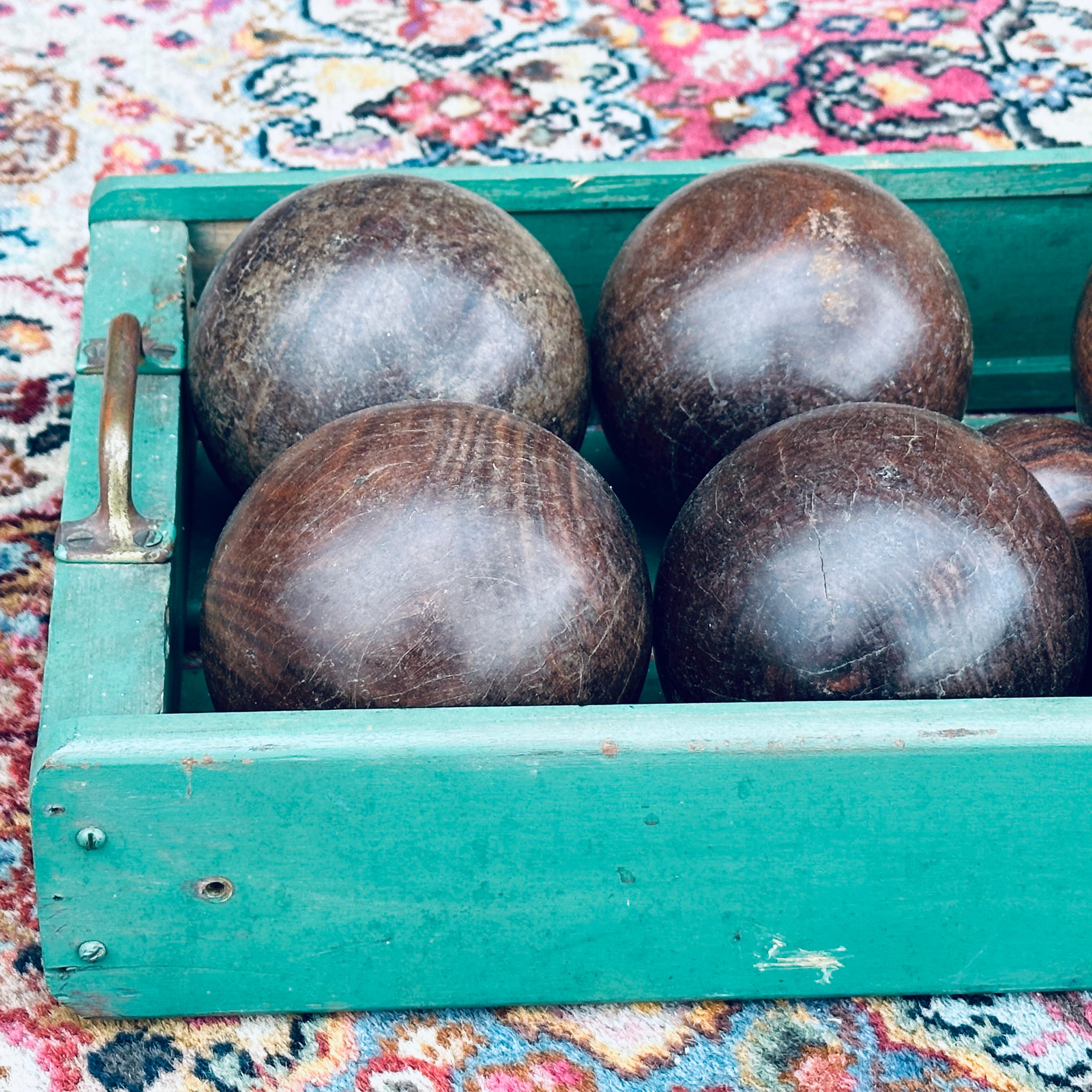 Vintage Teak Bocce Ball Set in Handmade Rustic Caddy Lawn Bowling 1