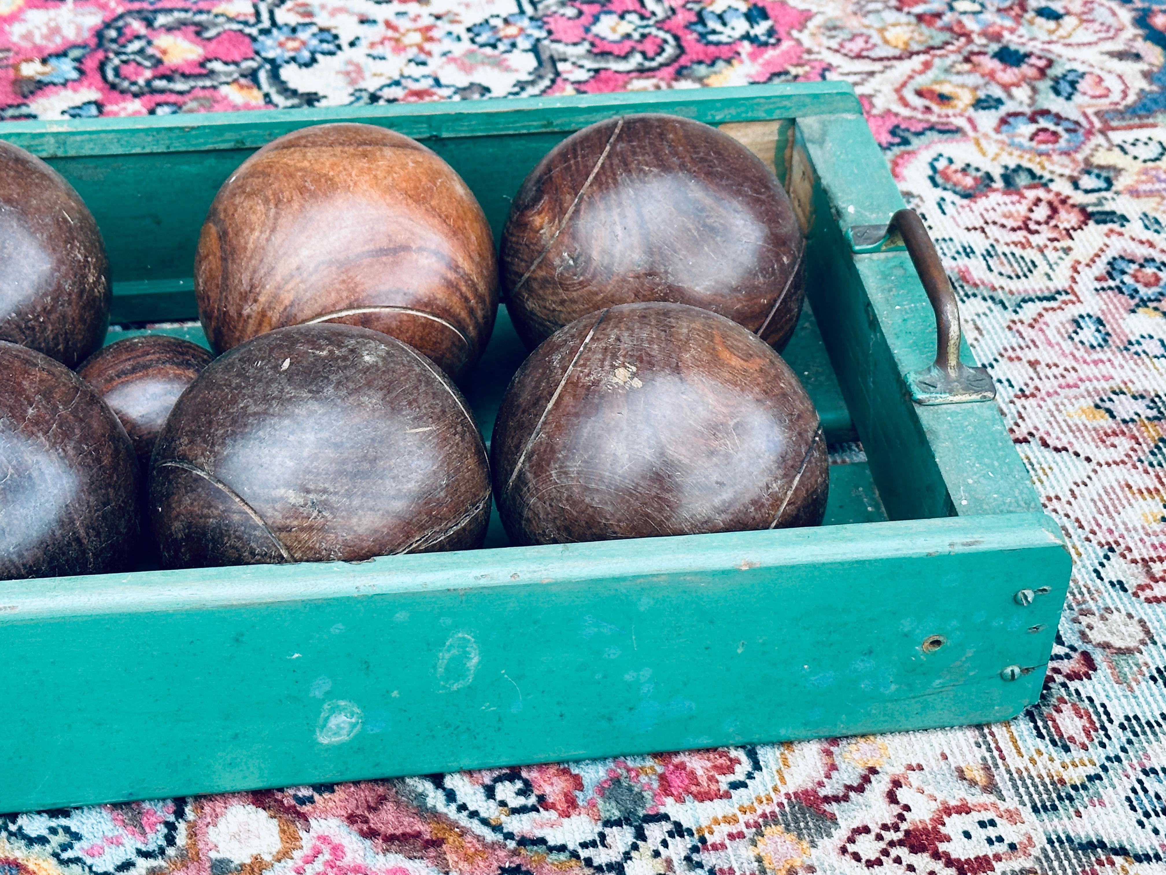 Vintage Teak Bocce Ball Set in Handmade Rustic Caddy Lawn Bowling 2