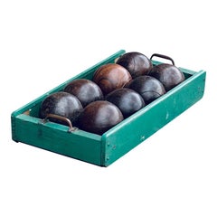 Vintage Teak Bocce Ball Set in Handmade Rustic Caddy Lawn Bowling