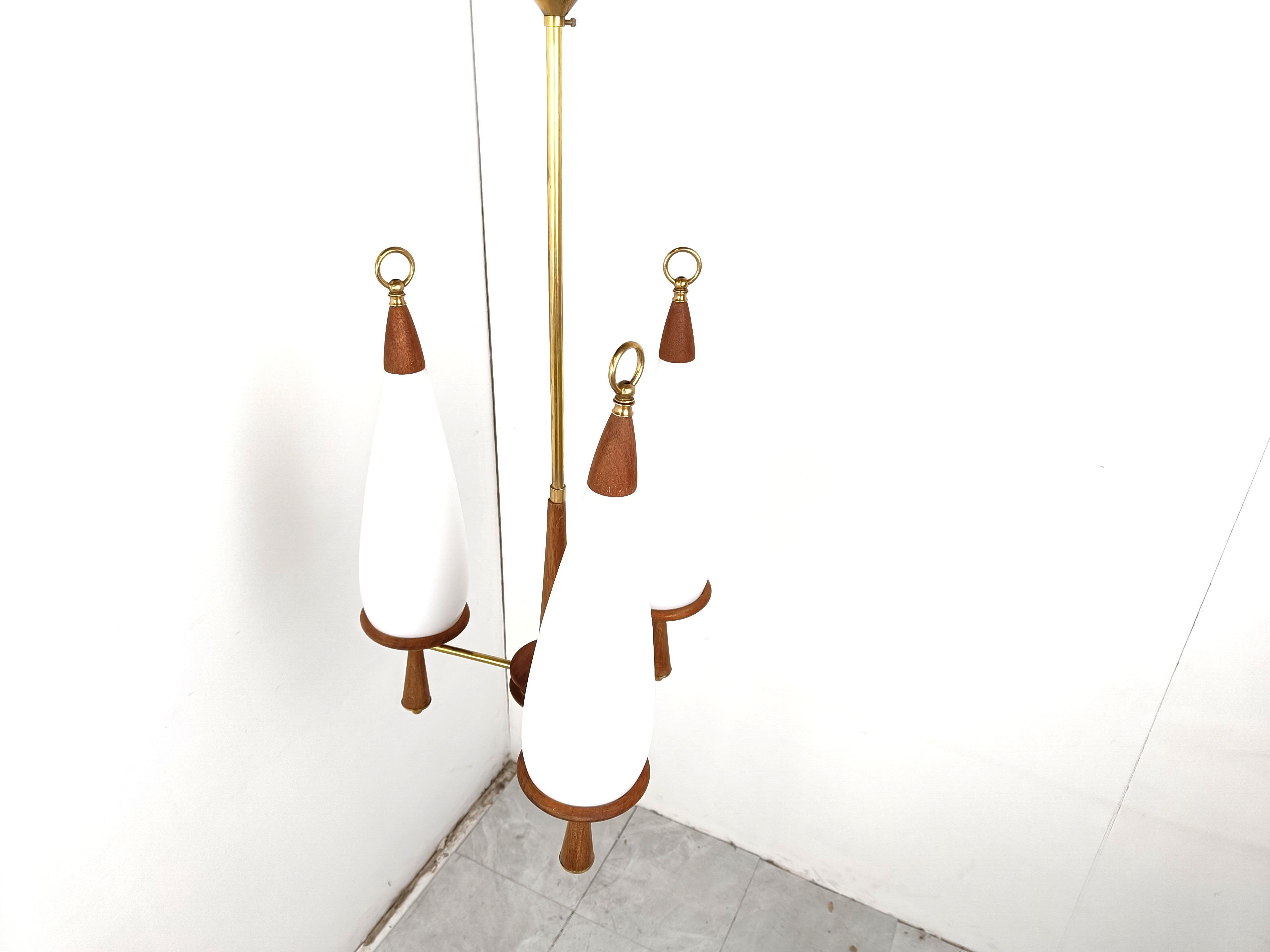 Danish Vintage teak chandelier with white glass shades, 1960s For Sale