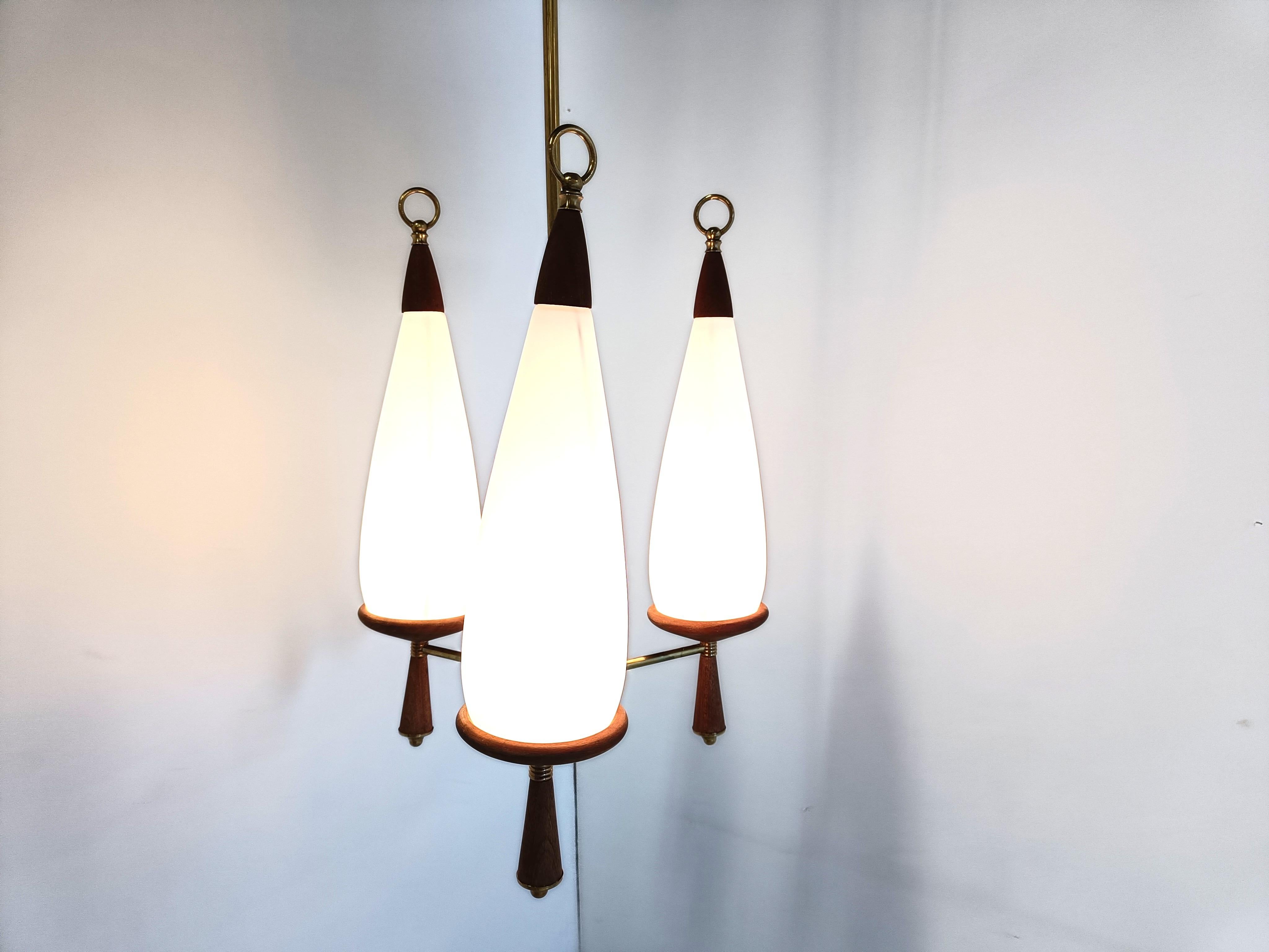 Milk Glass Vintage teak chandelier with white glass shades, 1960s For Sale