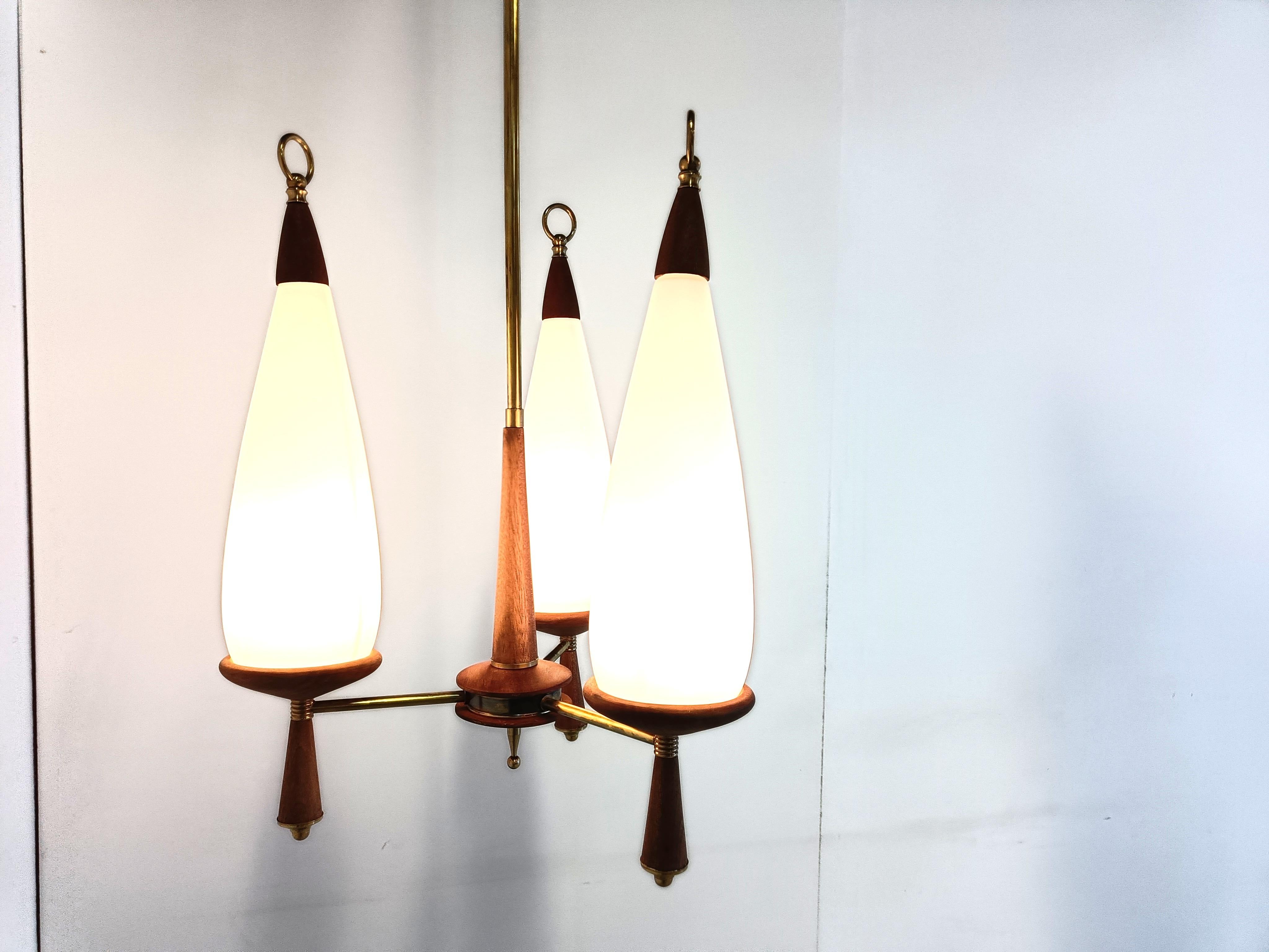 Vintage teak chandelier with white glass shades, 1960s For Sale 2