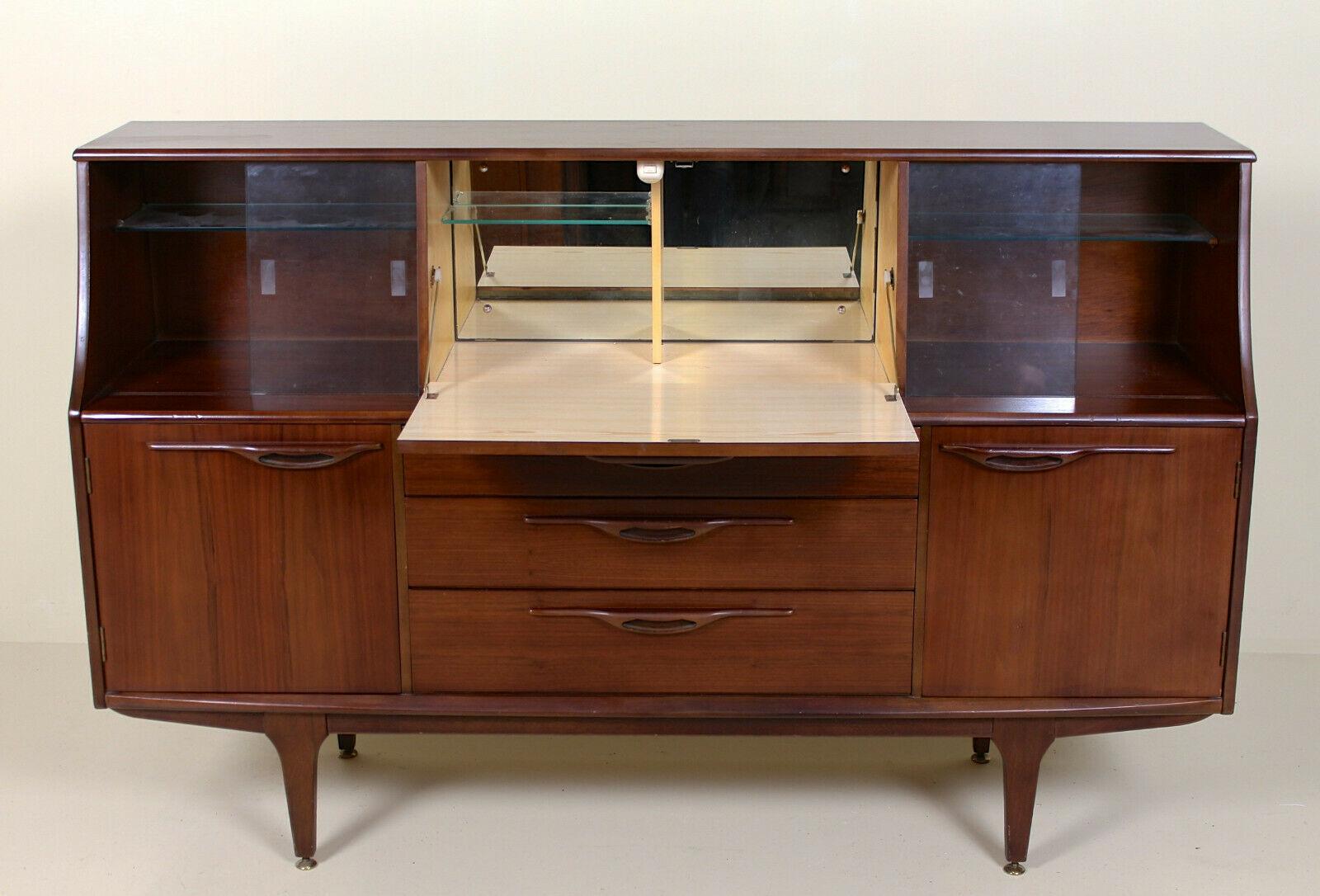 20th Century Vintage Teak Cocktail Sideboard Glazed Credenza Cabinet For Sale