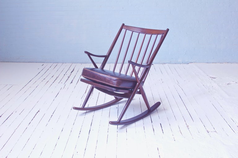 Mid-20th Century Vintage Teak Frank Reenskaug Spindle Back Rocking Chair Model 182. Denmark, 1958 For Sale