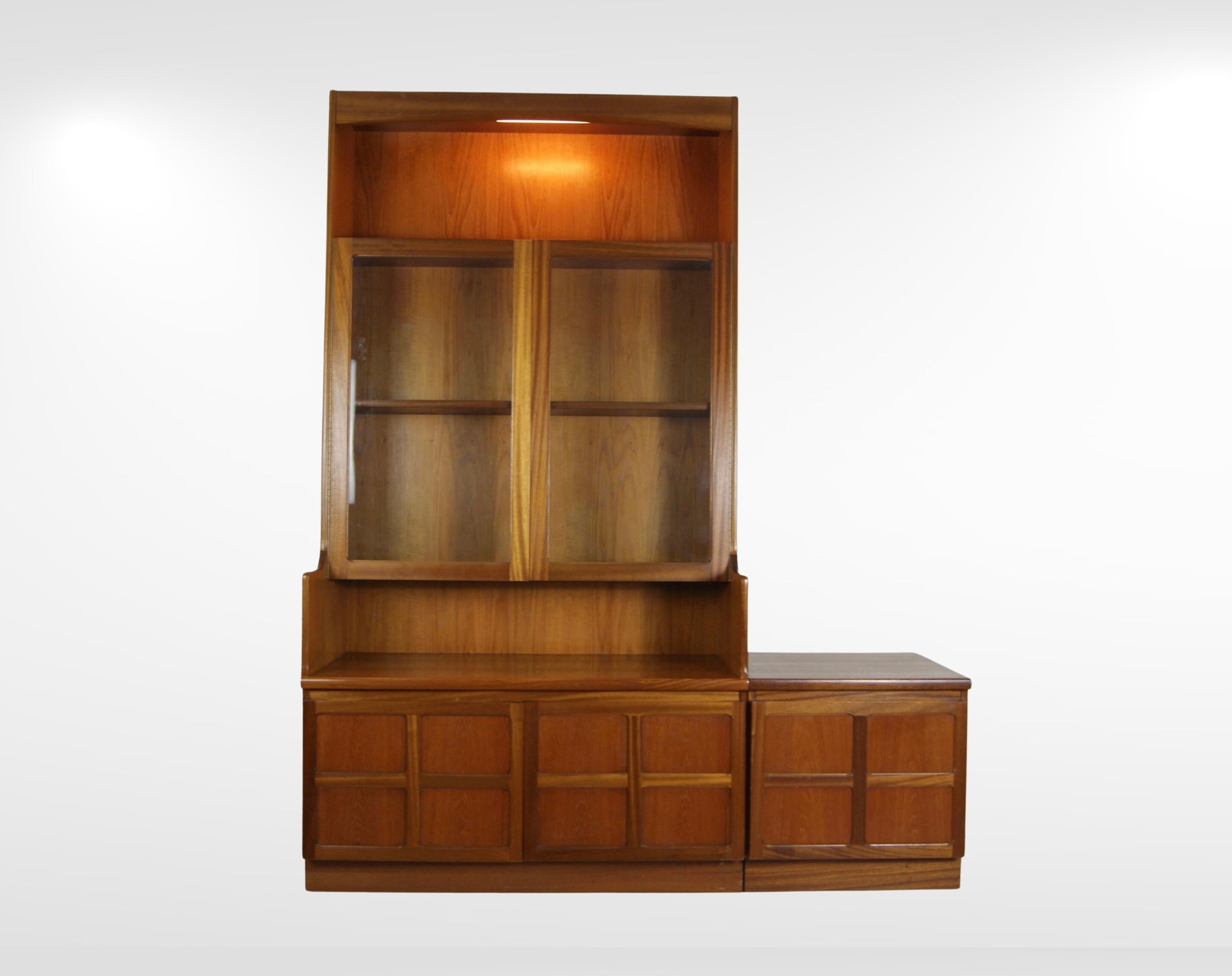English Vintage Teak Highboard Buffet China Cabinet and Small Cupboard Set by Nathan For Sale