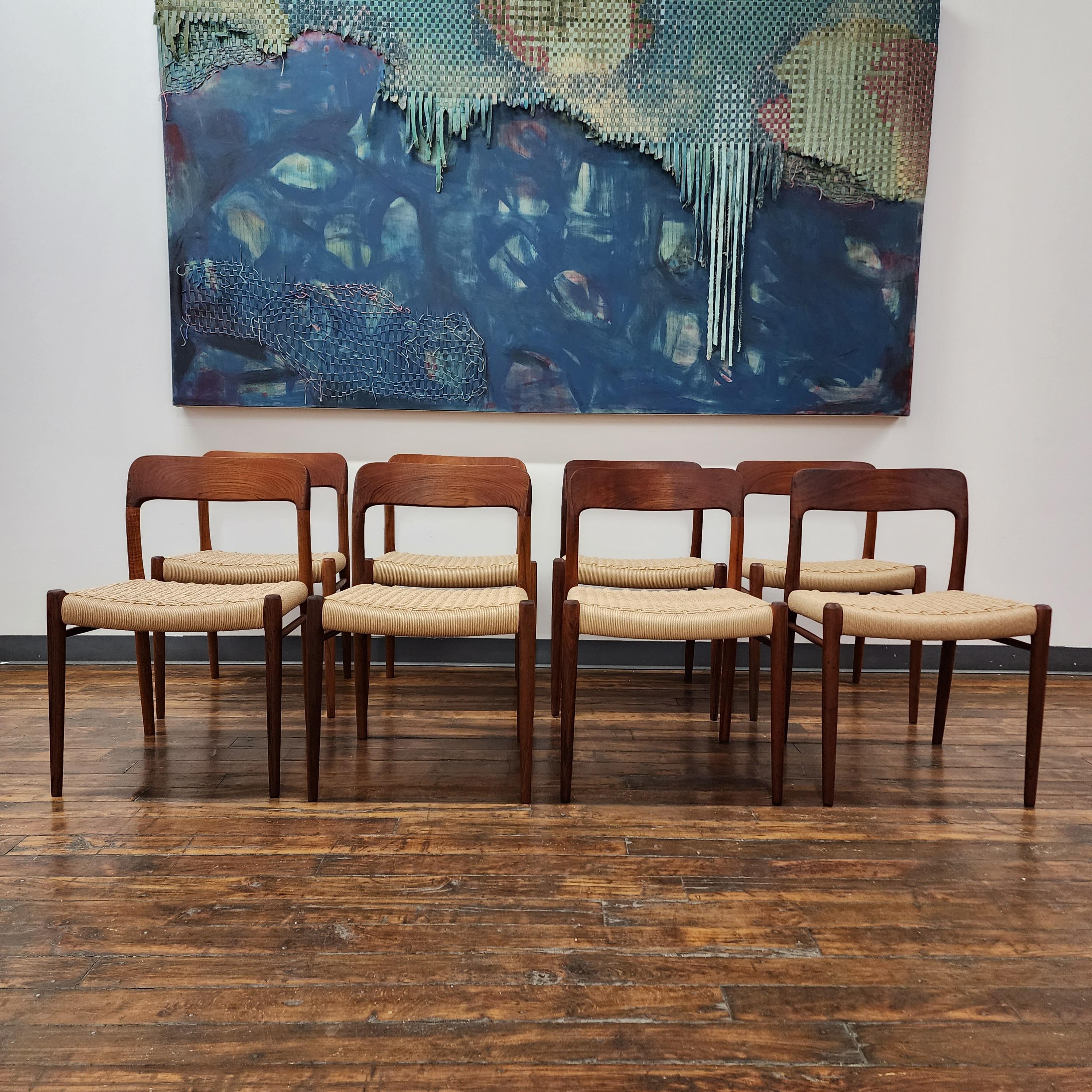Beautiful teak Møller chairs, model 75 with new Danish cord. These chairs have been refinished and reoiled. there are 8 available,  please select the amount you want. There are some smaĺ scratches in parts of the wood that give the excellent vintage