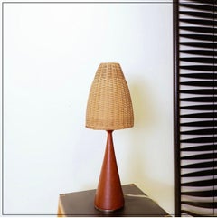 Vintage teak mushroom table lamp wicker lampshade