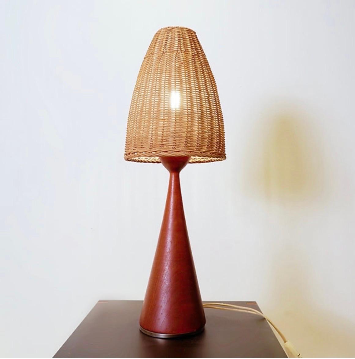 Belgian Vintage teak mushroom table lamp wicker lampshade For Sale