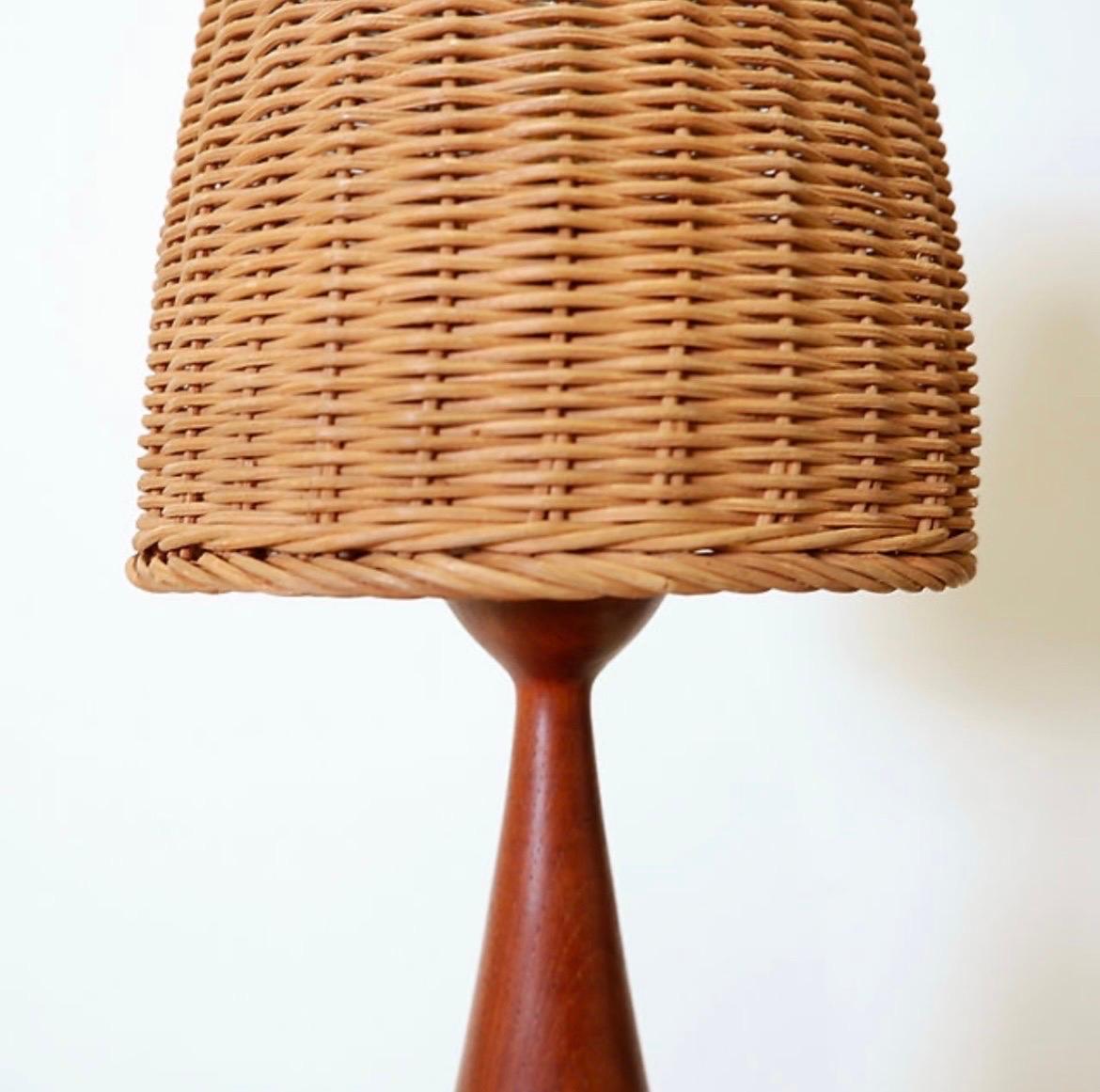 Scandinavian Modern Vintage teak mushroom table lamp wicker lampshade