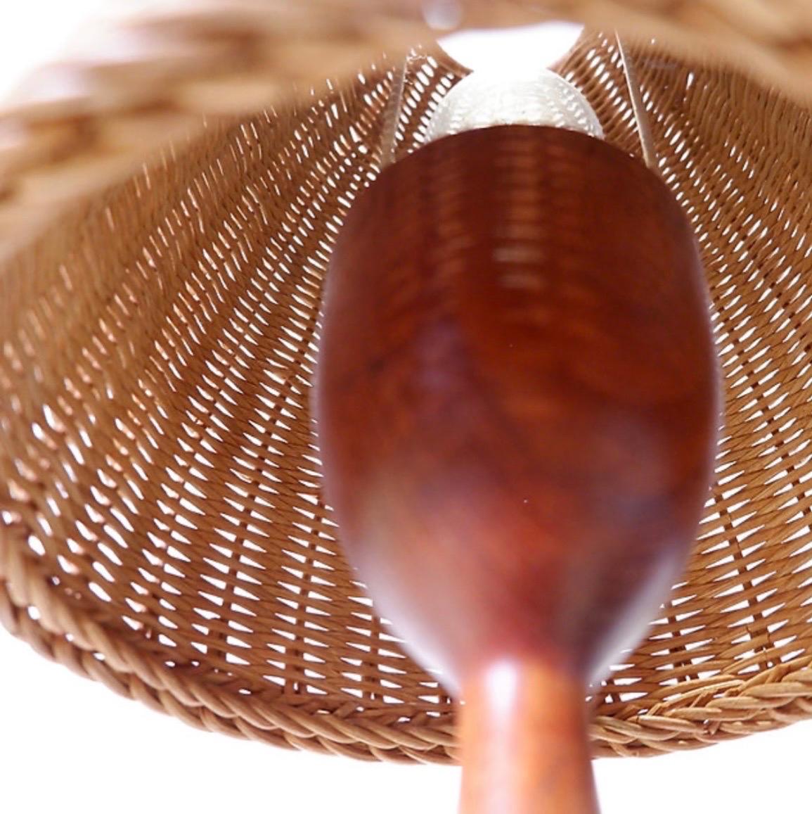 Vintage teak mushroom table lamp wicker lampshade For Sale 1