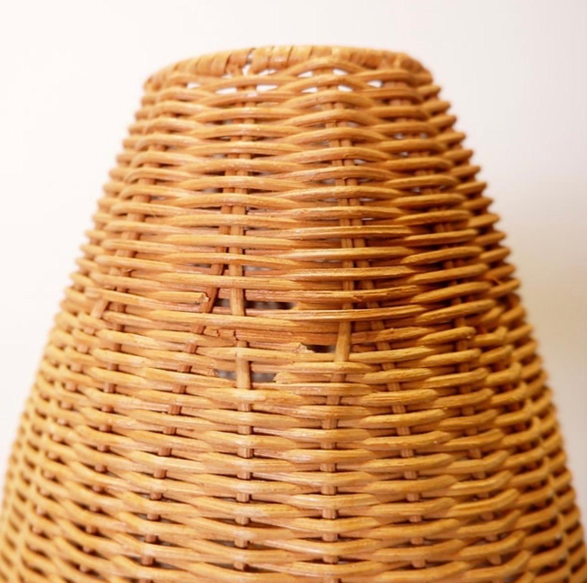Vintage teak mushroom table lamp wicker lampshade 1