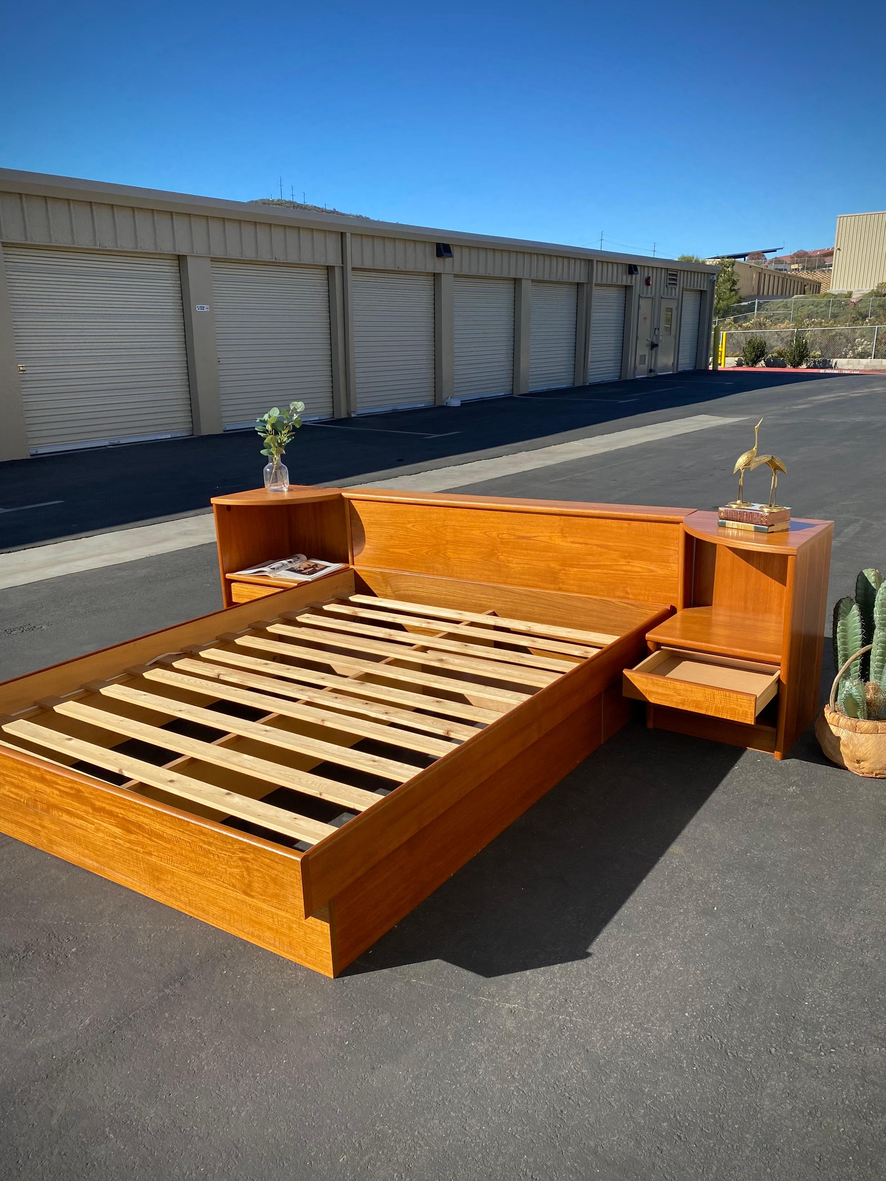 Beautiful teak bed made in Denmark. Gorgeous wood grain pattern. 2 matching end tables for ample storage. 

Good overall condition. 

Dimensions: complete platform bed W104.25” x D89” x H29” 
headboard height 29” tall
bed frame 14.25”