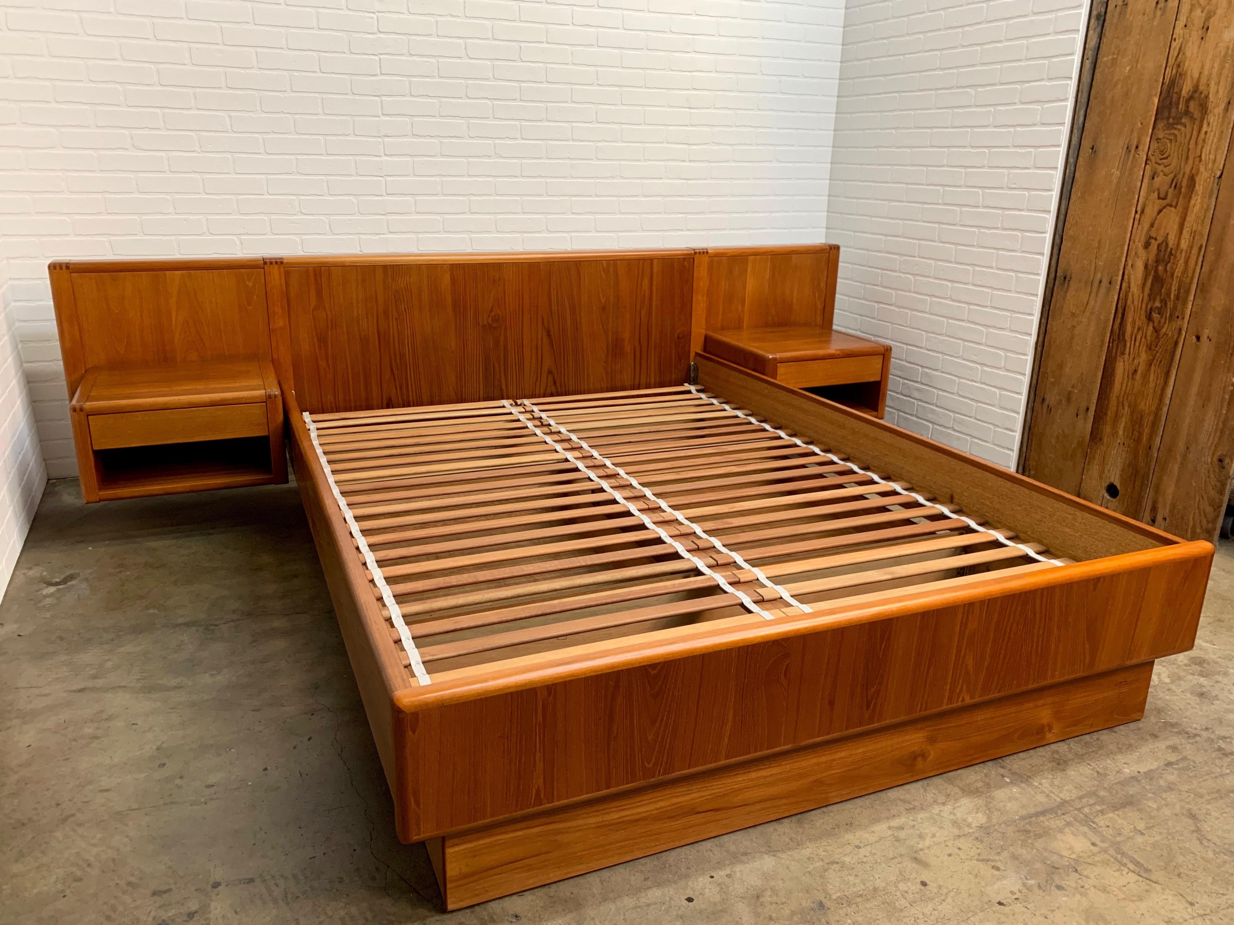 20th Century Vintage Teak Queen Size Platform Bed with Floating Nightstands