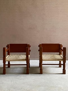 Vintage Teak & Rope Safari Chairs circa 1960 West Africa, Pair