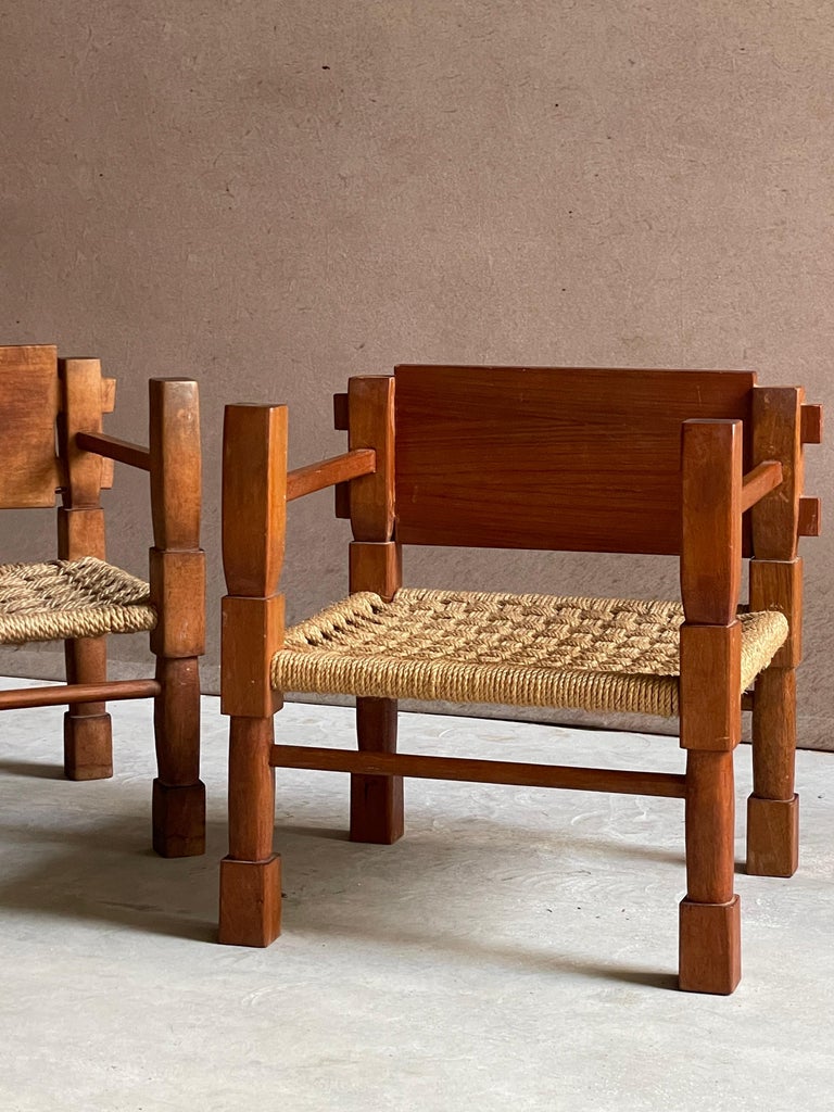 Vintage Teak and Rope Safari Chairs circa 1960 West Africa, Pair at 1stDibs