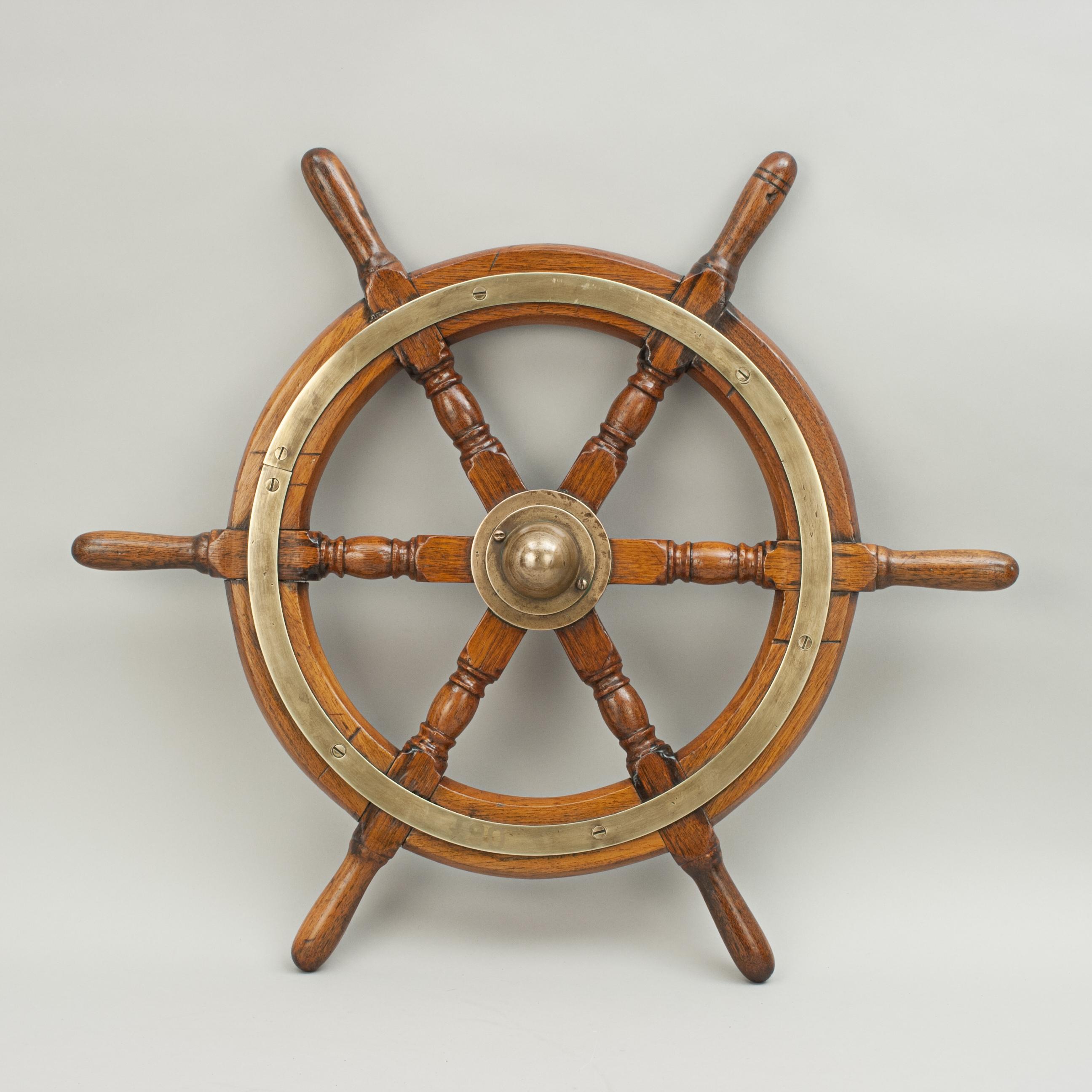 Vintage Teak Ships Wheel, 6 Spoke Helm Wheel, Teak and Brass 4