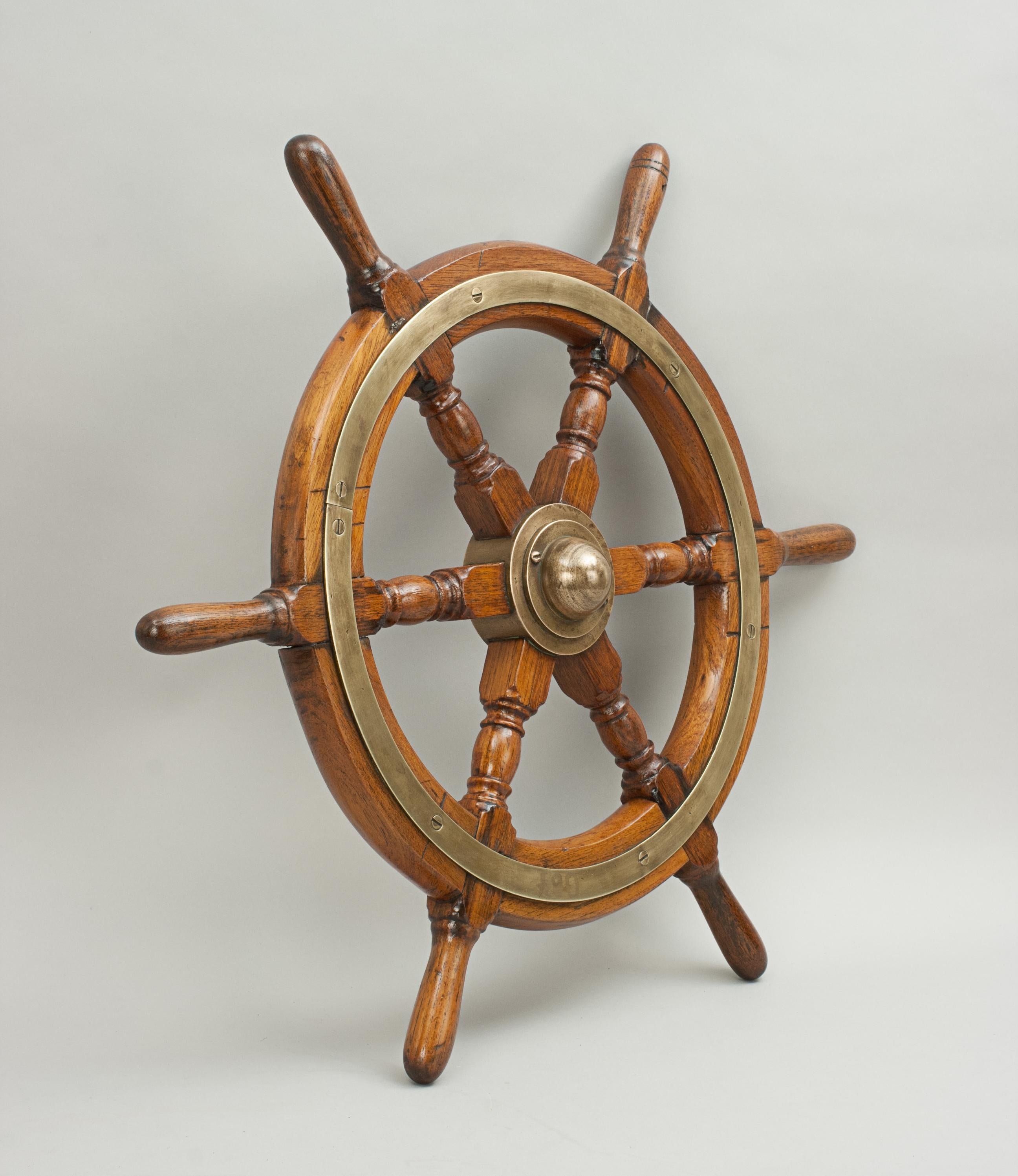 Vintage Teak Ships Wheel, 6 Spoke Helm Wheel, Teak and Brass 5